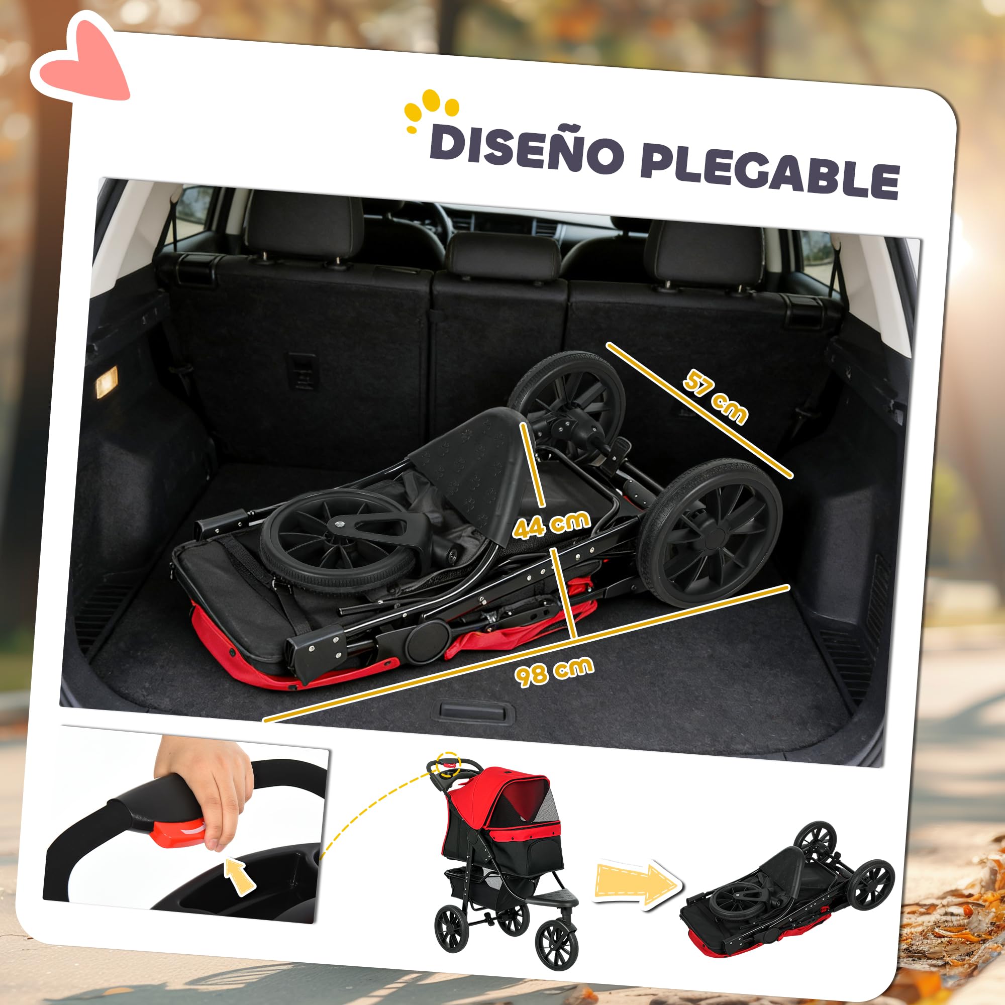 PawHut Carrito para Perros Plegable Cochecito para Mascotas Carrito para Perros Pequeños con 3 Ruedas Ventanas de Malla Cesta y Correas de Seguridad Carga 25 kg 109,5x57,5x106,5 cm Rojo