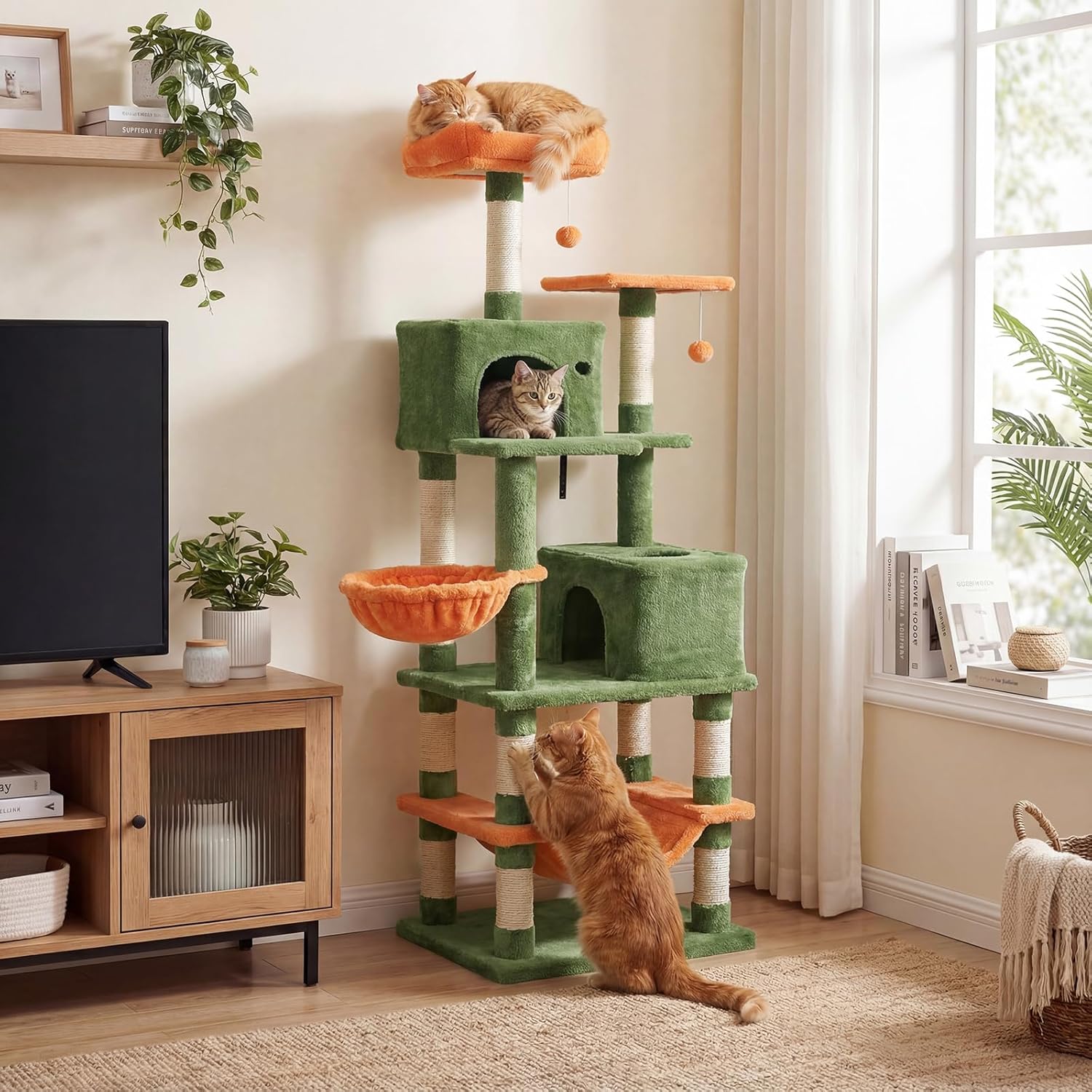 DORTALA Cat Tree for Indoor Cats, 66" Tall Cat Tower with 2 Condos, Sisal Scratching Posts, Plush Perch, Hammock, Dangling Balls, Multi-Level Pet Climbing Furniture Activity Center (Green+Orange)