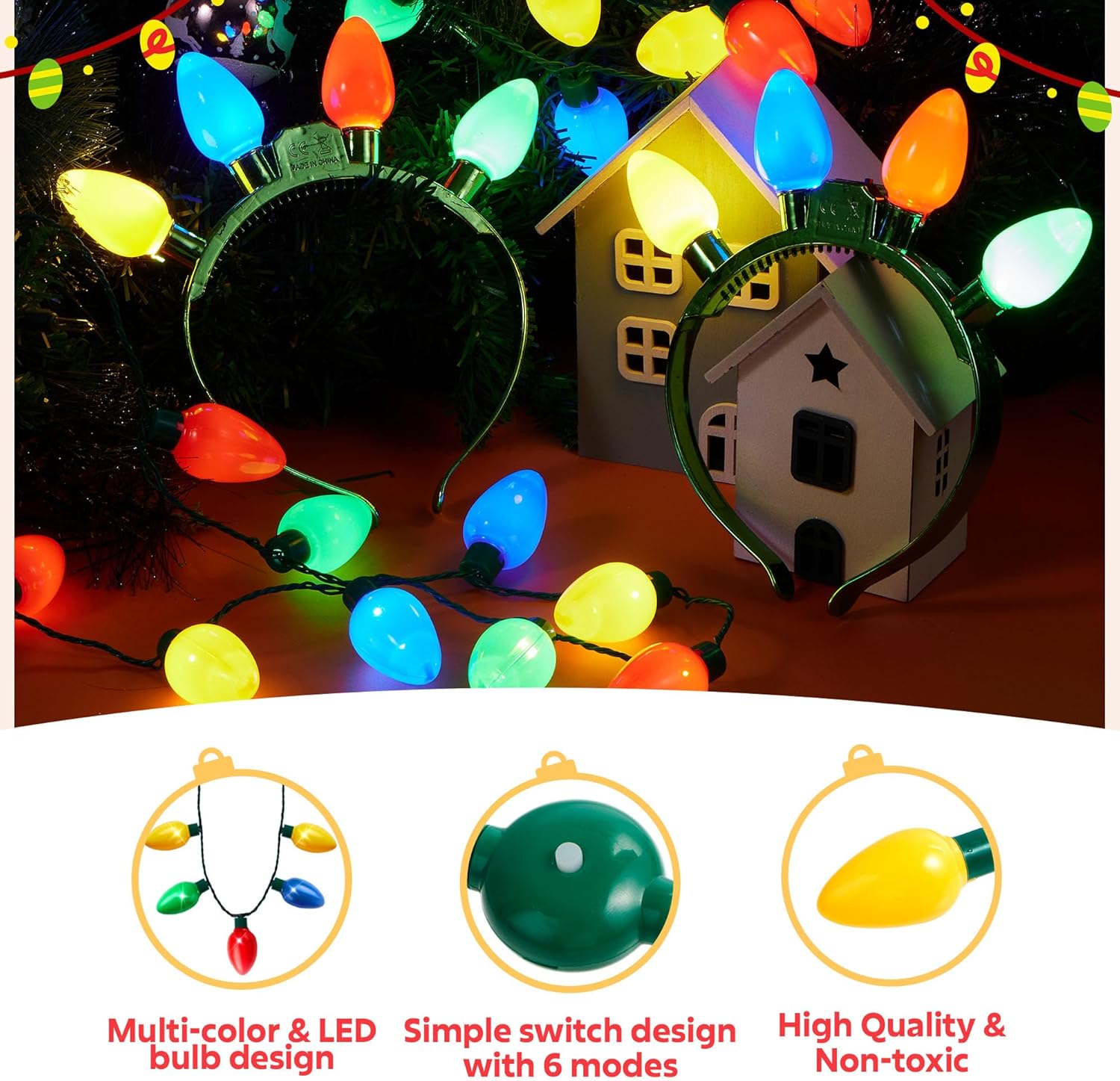 JOYIN 6 Pcs Christmas Light Up Headband and Necklace with 6 Flashing Modes, LED Christmas Bulb Lights Necklace Headband for Kids Women Men Xmas Party Supplies Accessories - Image 4