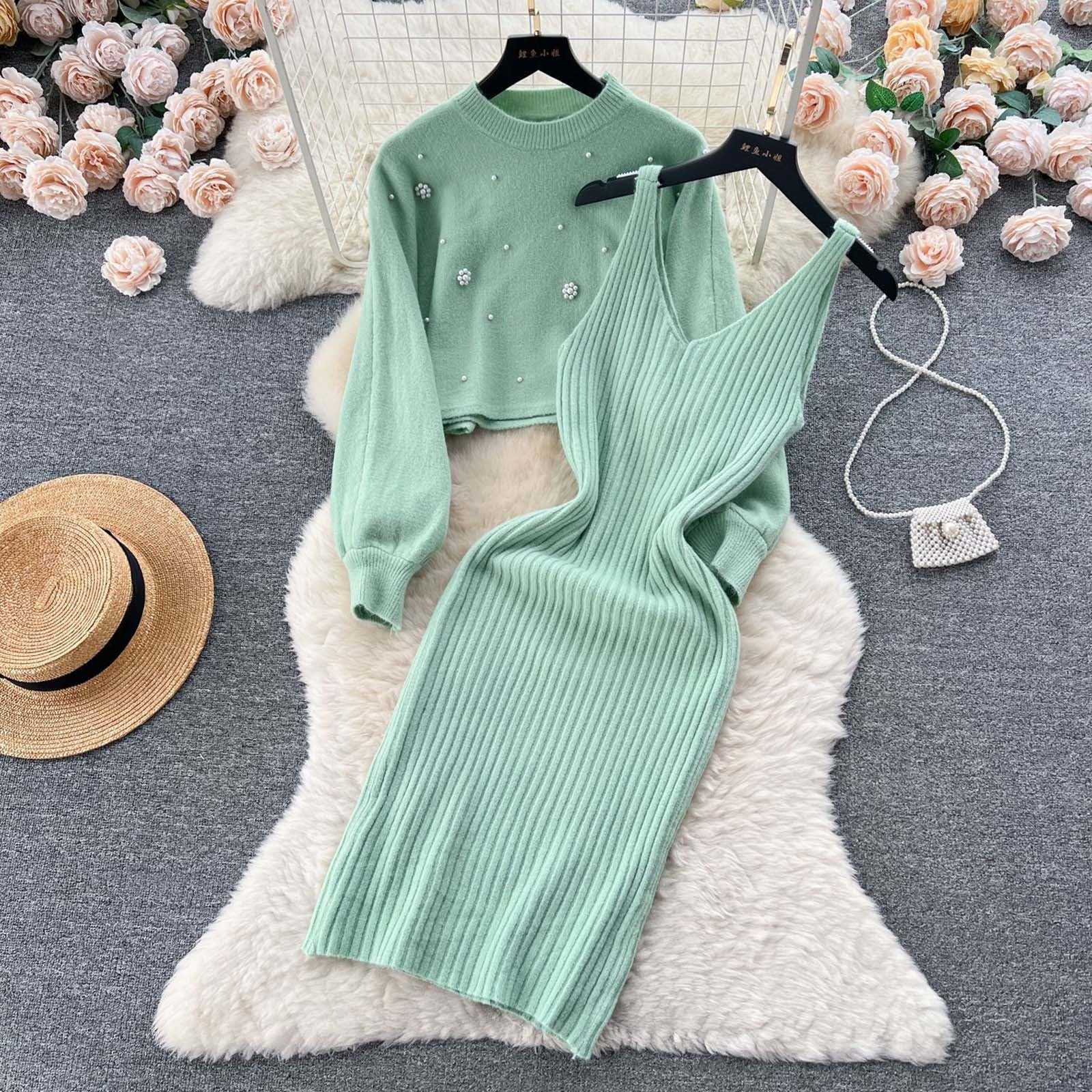 Fulidngzg Strickkleid Damen Herbst Winter 2 Teiler Sweater Kleid Pullikleid Warm mit Pullover Winterkleider Schnitt Grobmaschig Zweiteiler Party Outfit Enges Herbstkleid