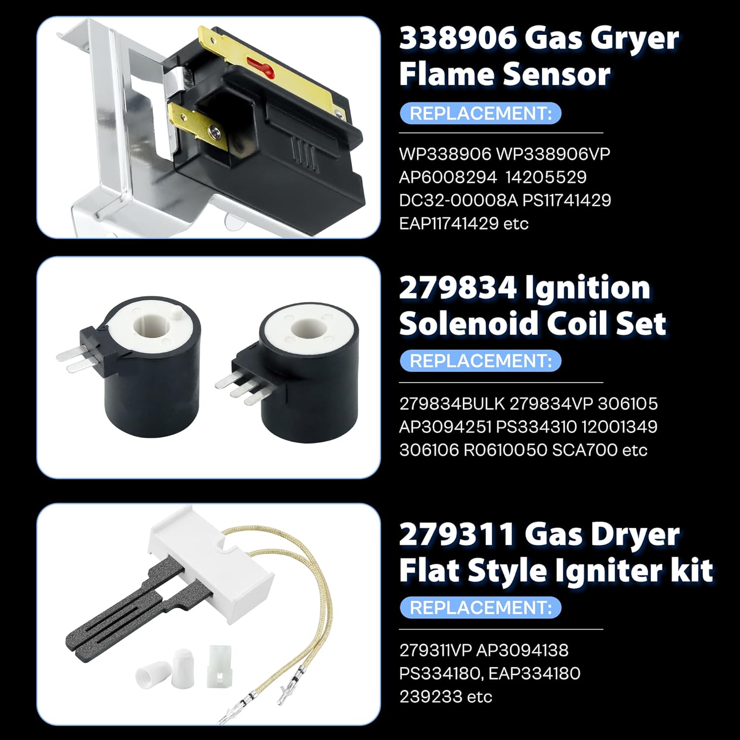 【Upgraded Durable】Gas Dryer Repair Kit - 279311 Igniter 279834 Gas Valve Coil 338906 Flame Sensor | Fix Heating Issues for Whirlpool Kenmore Maytag Gas Dryers