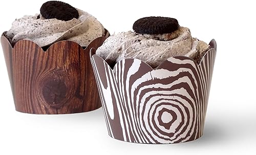 Miniatura 5 de Envoltorios para cupcakes de grano de madera, 48 piezas, envoltorios de cupcakes marrones, envoltorios de cupcakes temáticos de bosque, decoraciones