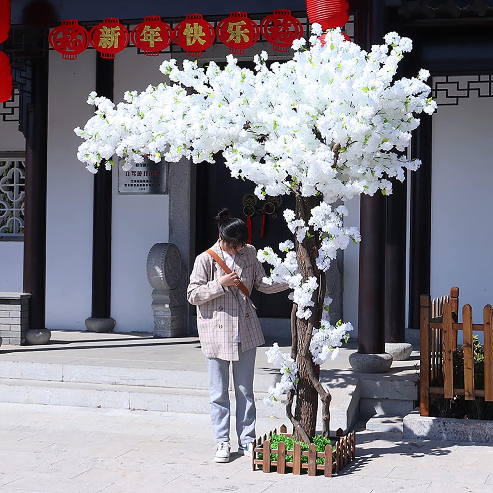 IUokLU Artificial Plants Indoor, Artificial Cherry Tree White Multiple Sizes Silk Plastic Indoor Outdoor (1.5 * 1m/4.9x3.2ft)