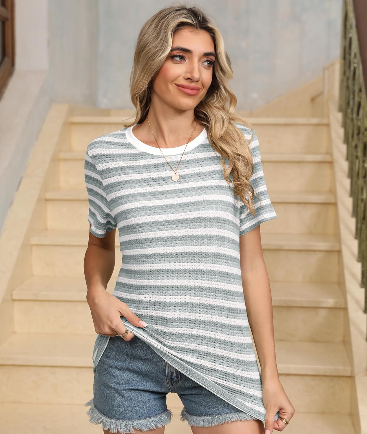 LILBETTER Summer T Shirts for Women Casual Striped Crewneck Basic Tops Short Sleeve Waffle Knit Hollow Out Shirt Blouses - Image 3
