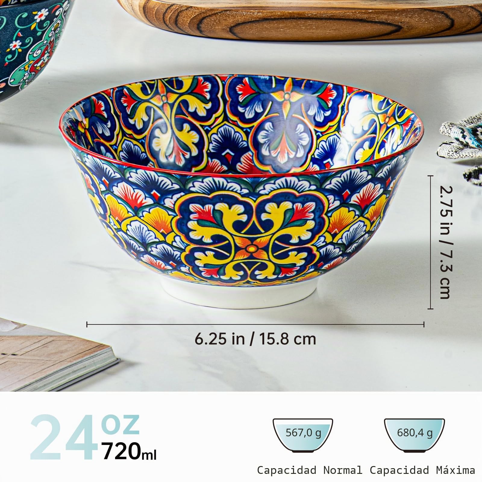 HENXFEN LEAD Cuencos para muesli de porcelana, cuencos grandes para sopa, muesli, ensalada y pasta, etc. Coloridos, paquete de 6 - Estilo bohemio