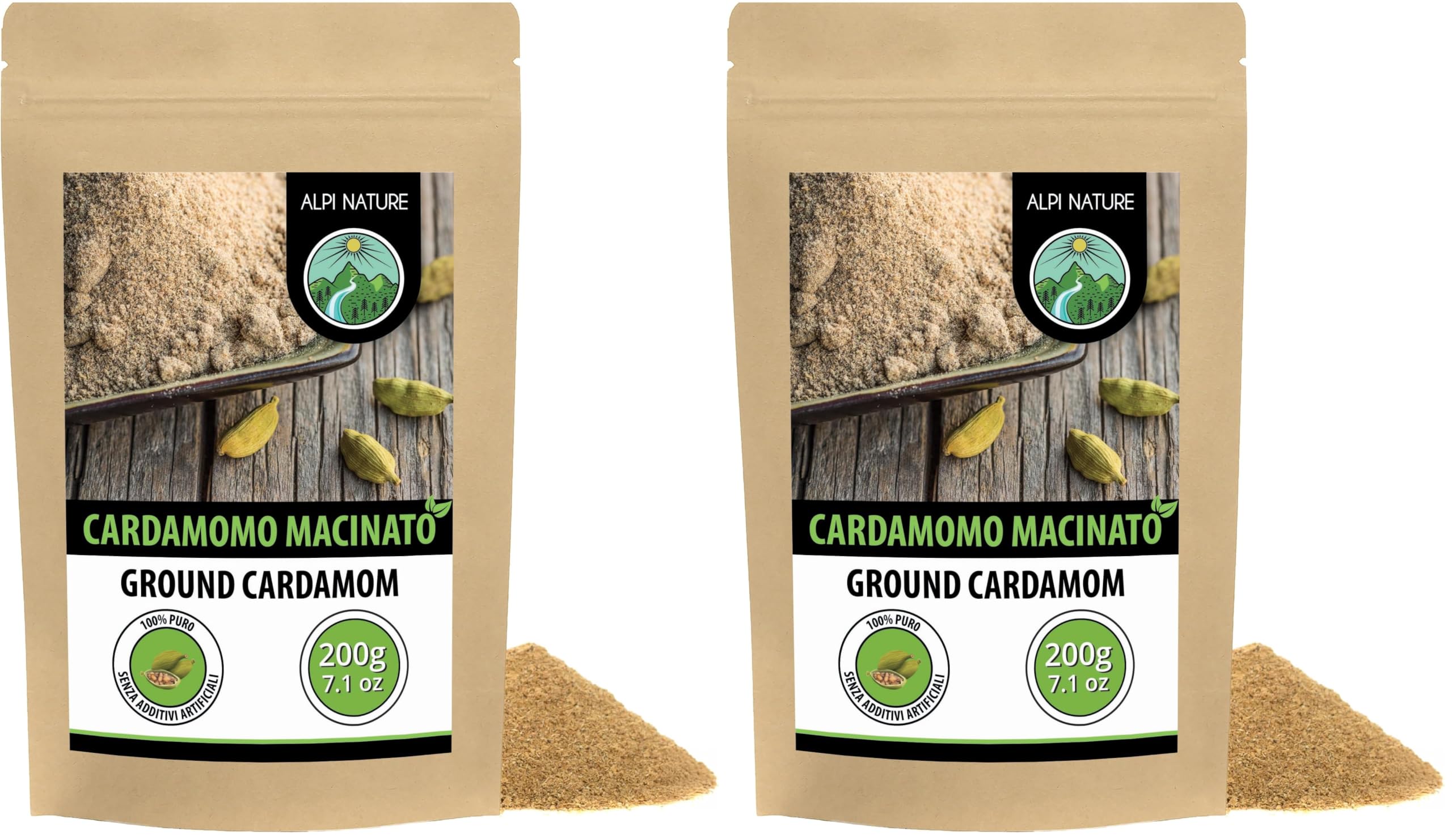 Alpi Nature Cardamomo in Polvere 200g, Cardamomo Verde Bacche Macinati per Cucina e Pasticceria (Confezione da 2)