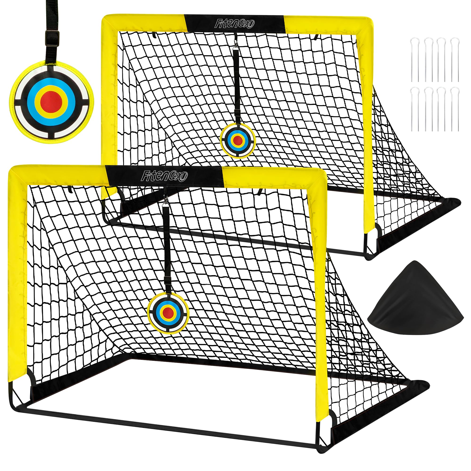 Fußballtor Kinder 2er Set - Pop up Fussballtore für Garten, Outdoor & Reisen - Faltbares Tor mit Tragetasche, 2 Bullseye & 8 U-förmigen Bodennägeln - Fußball Trainingszubehör