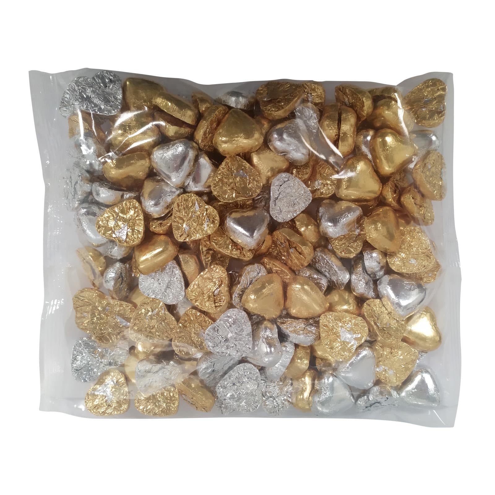 Deliex Delicias de Extremadura - 1 kg de bombones de chocolate con forma de corazón rellenos de crema de leche, dorado y plateado bolsa de 1 kilo (130-140 unidades aprox)