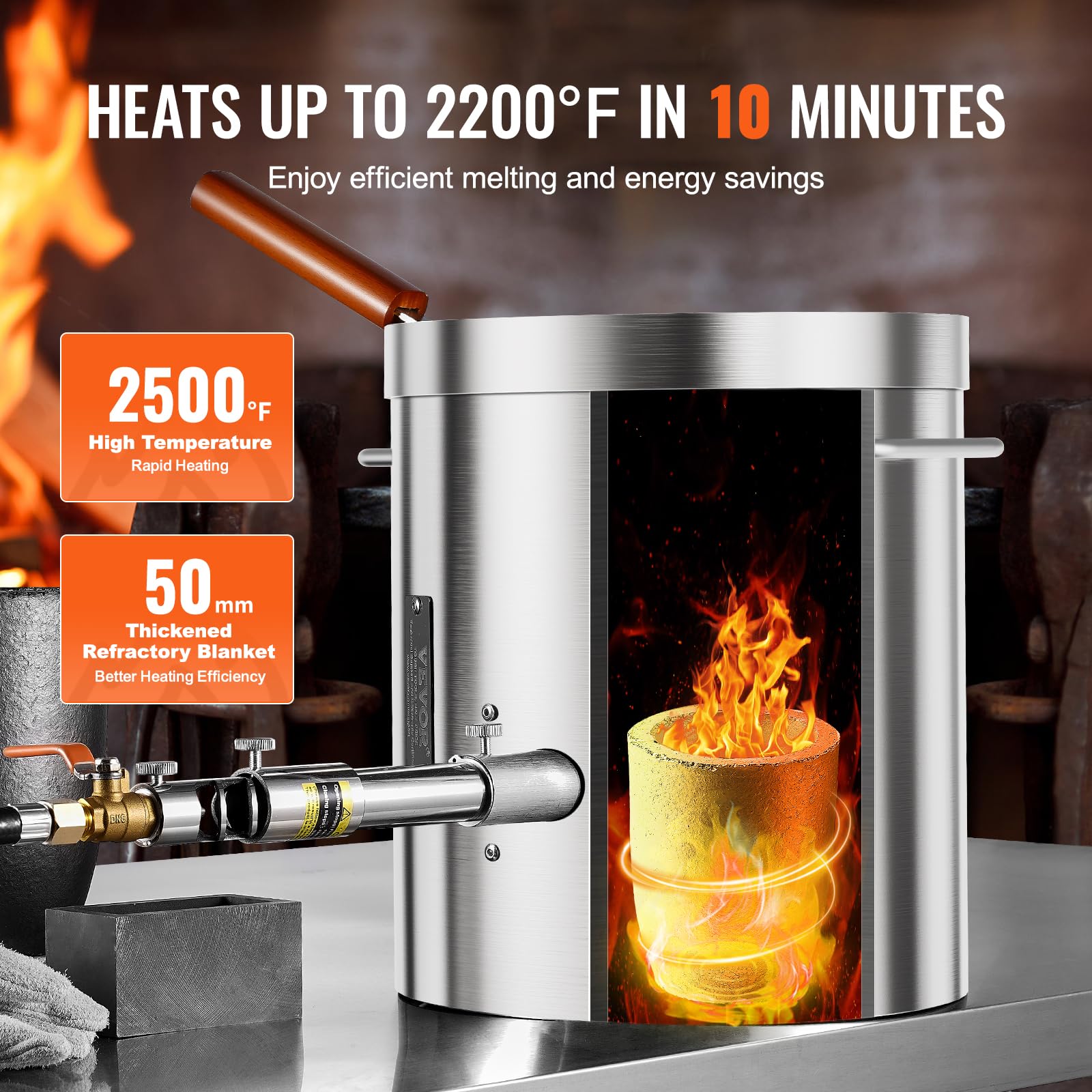 VEVOR Horno de Fusión de Propano Kit de Horno de Fusión de Metales a Gas 8 kg Horno de Fundición para Hogar con Crisoles y Pinzas, Mango de Madera para Reciclaje de Aluminio, Cobre, Plata, Oro