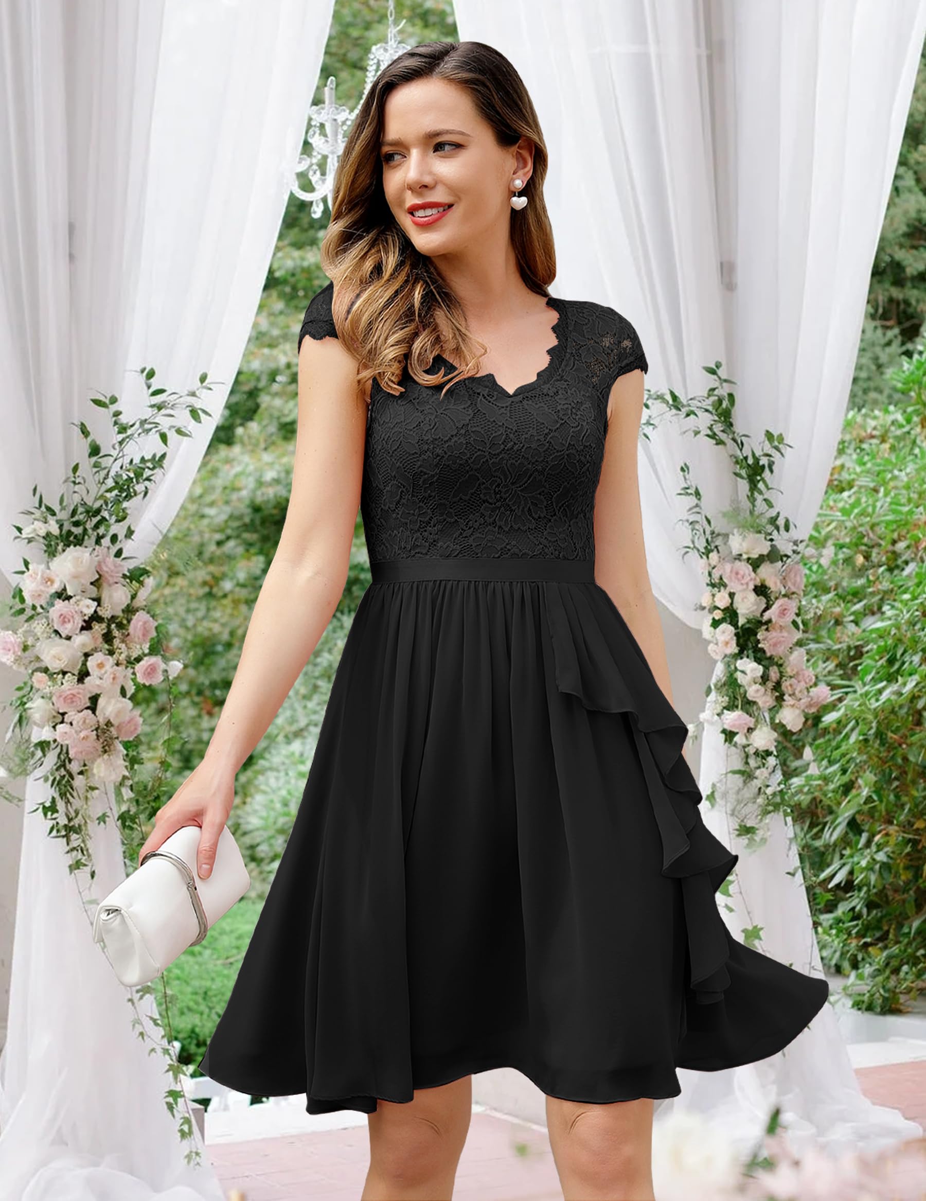 Wedtrend Robe Demoiselle d'honneur Femme en Mousseline Dentelle Elégant Chic pour Soirée et Mariage WT0212 Black L