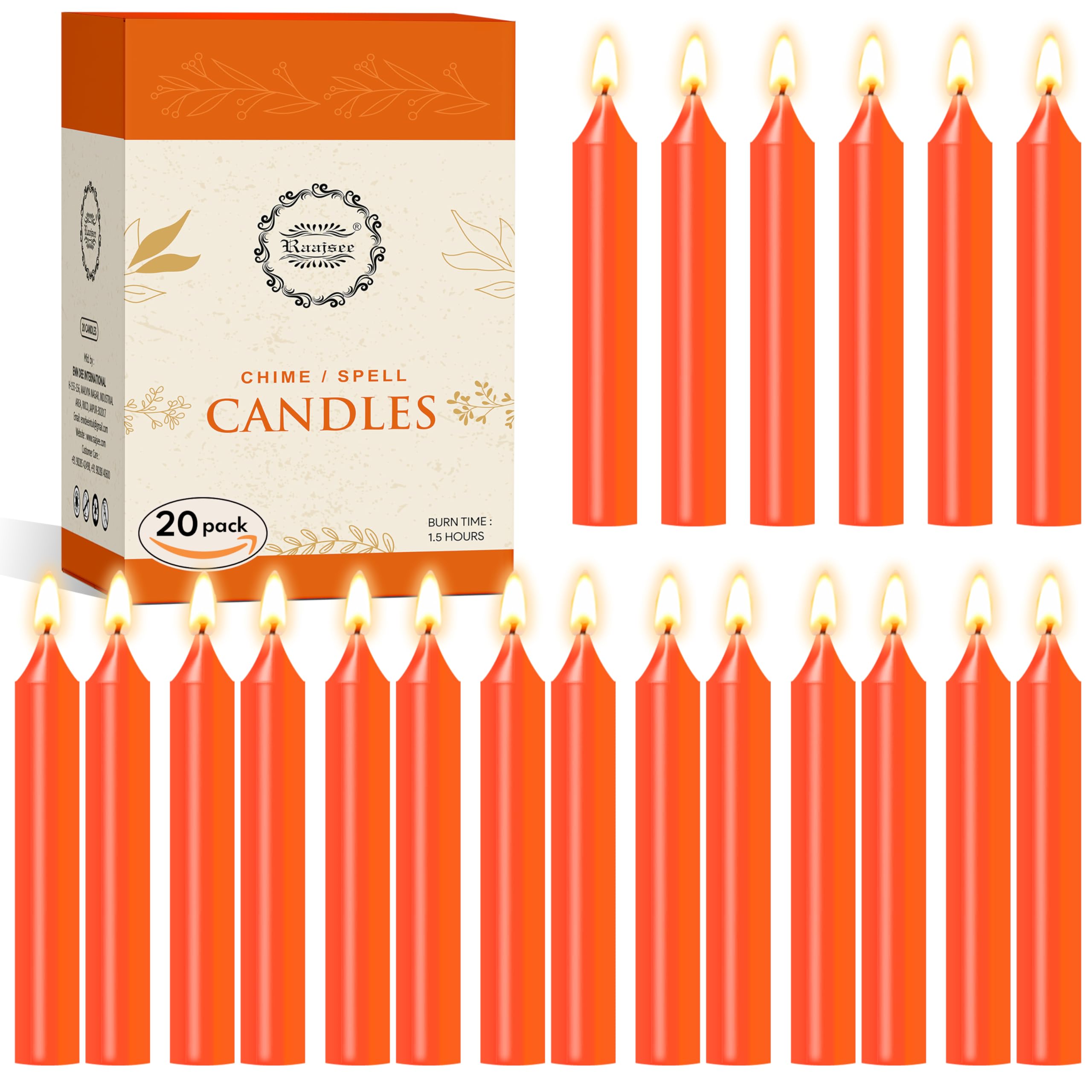 Raajsee Unscented Mini Taper Orange Candles Pack of 20 | 5 Inches (H) Dinner Candle Sticks| Smokeless, and Dripless| Paraffin Wax with Cotton Wicks | Long Burning Time.