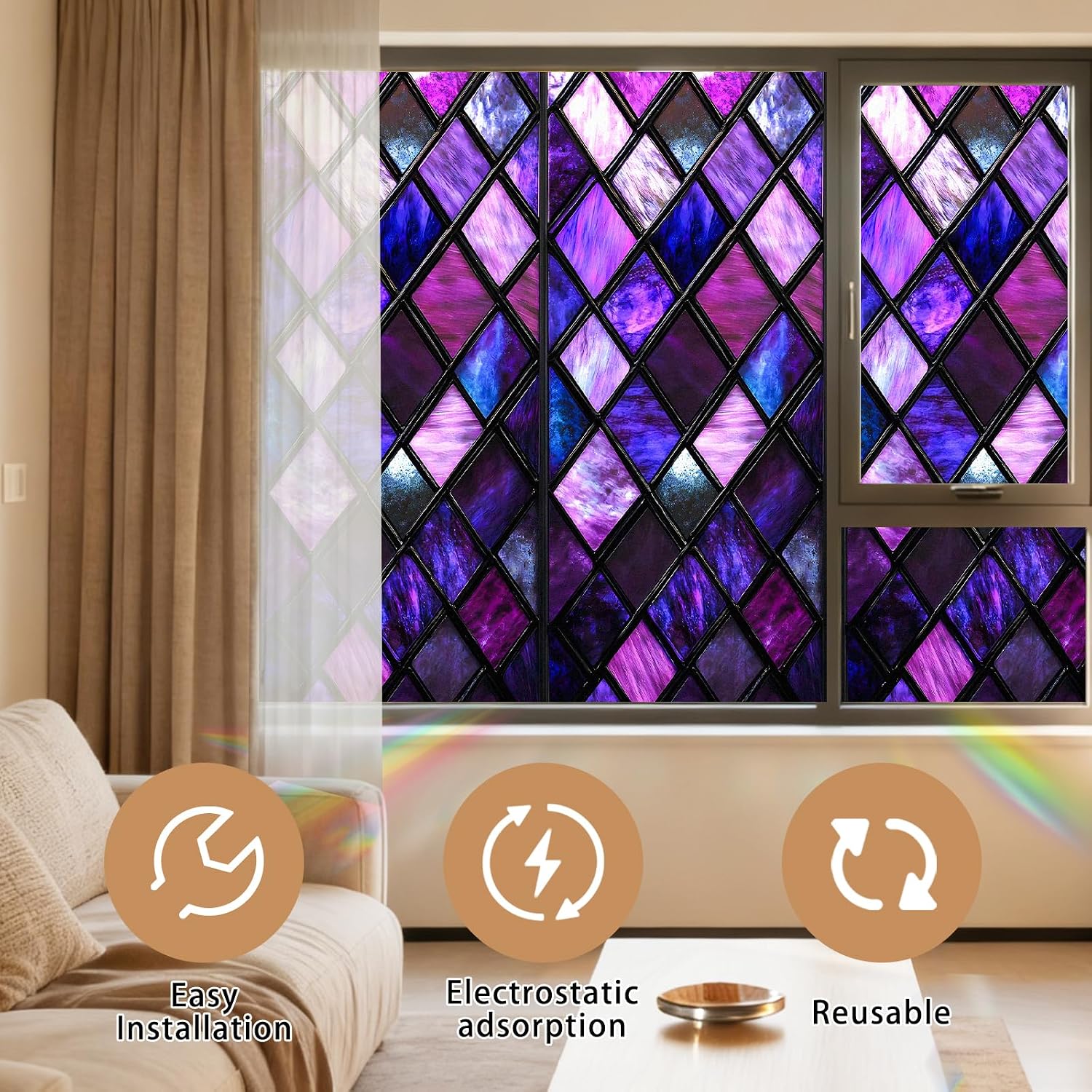 Nuxovilar Gothic Window Film, Purple Glass Window Privacy Film 17.5×39.3 Inch Lattice Cling Decorative, Purple Abstraction Gothic Windows Cling for Windows Bathroom Home