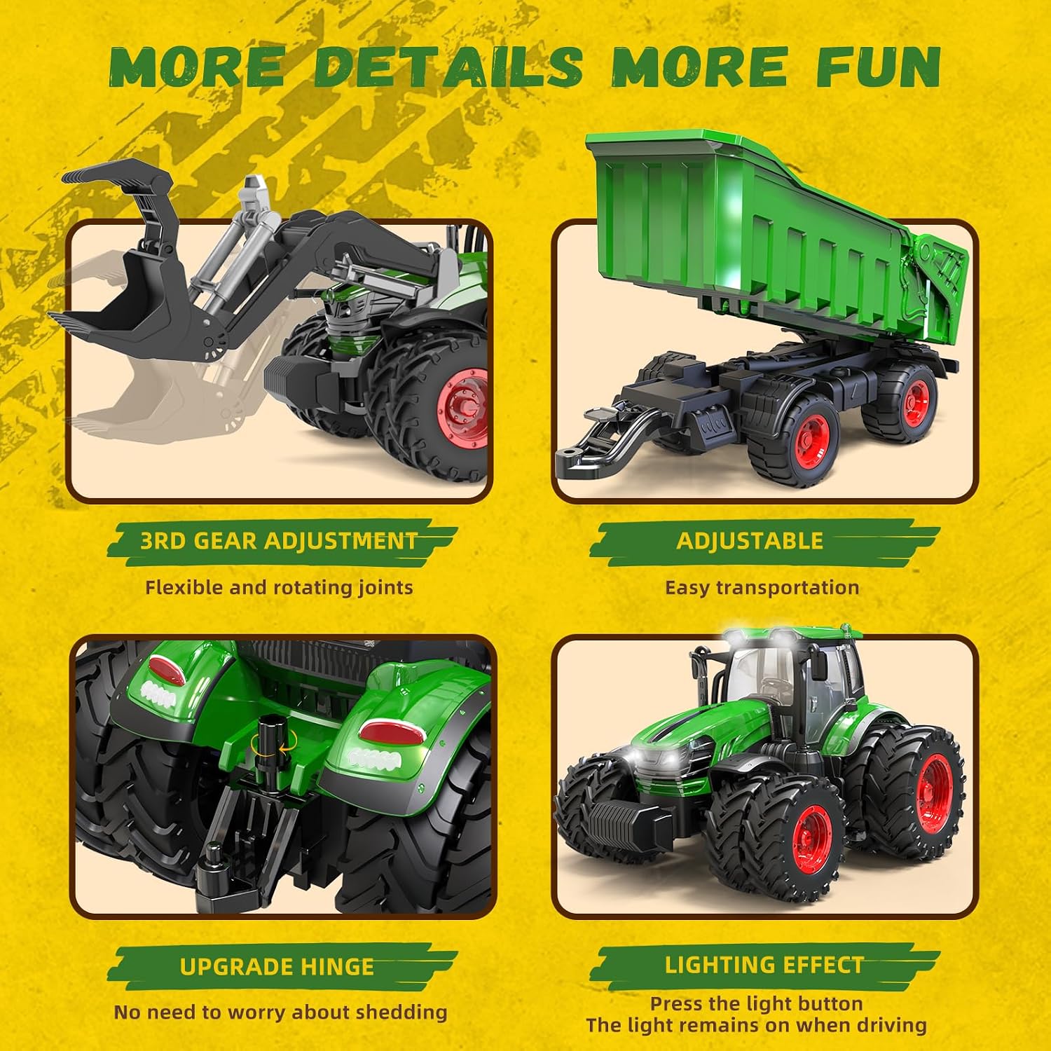 Remote Control Tractor Toy with Trailer | 2-in-1 8-to-4 Wheel Convertible Front Loader Tractor, Openable Doors & Hood with Lights, Farm Animals & Hay Bales, Gift for Kids Ages 3-9