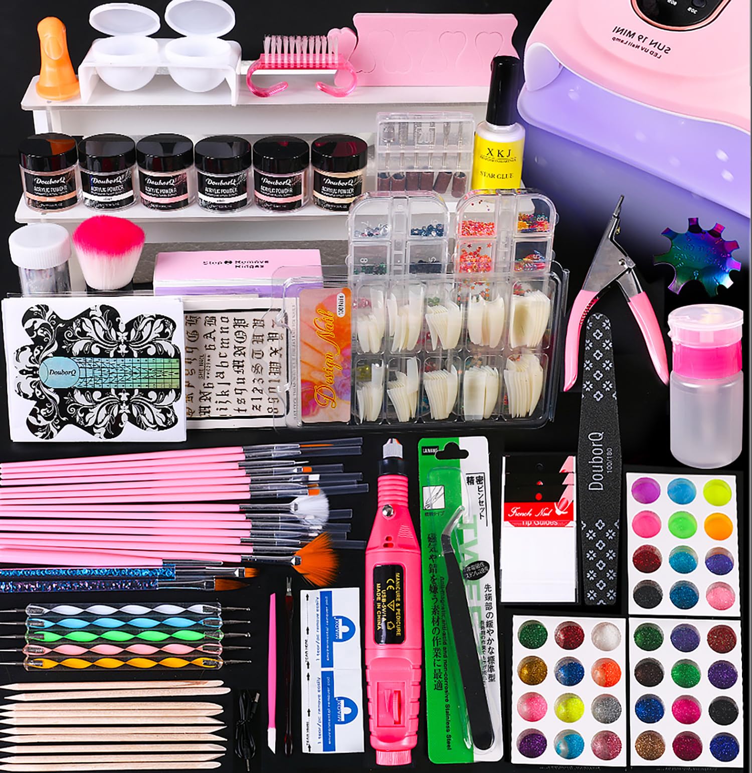 Kit de studio à ongles, poudre acrylique avec liquide acrylique, 30 ml, ponceuse à ongles pour ongles en gel, avec lampe UV pour ongles en gel, kit de nail art, cadeau pour femme