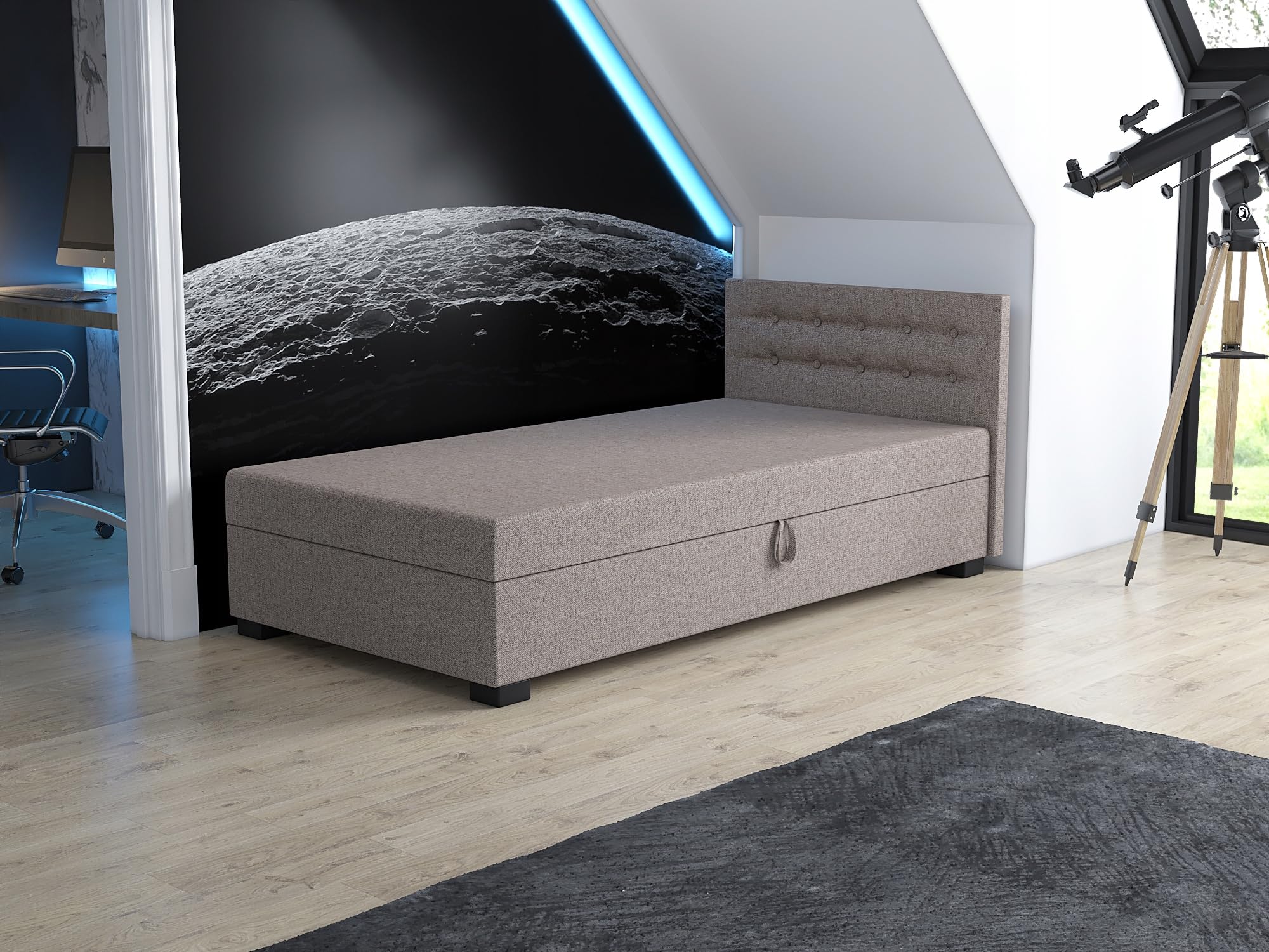 Boxspringbett Olaf 80x200x38 cm mit Schaumstoff Matratze, Bett mit Matratze, Polsterbett mit Bettkasten, Gepolstertes Einzel Bett, Schlafsofa - Biskuitbeige