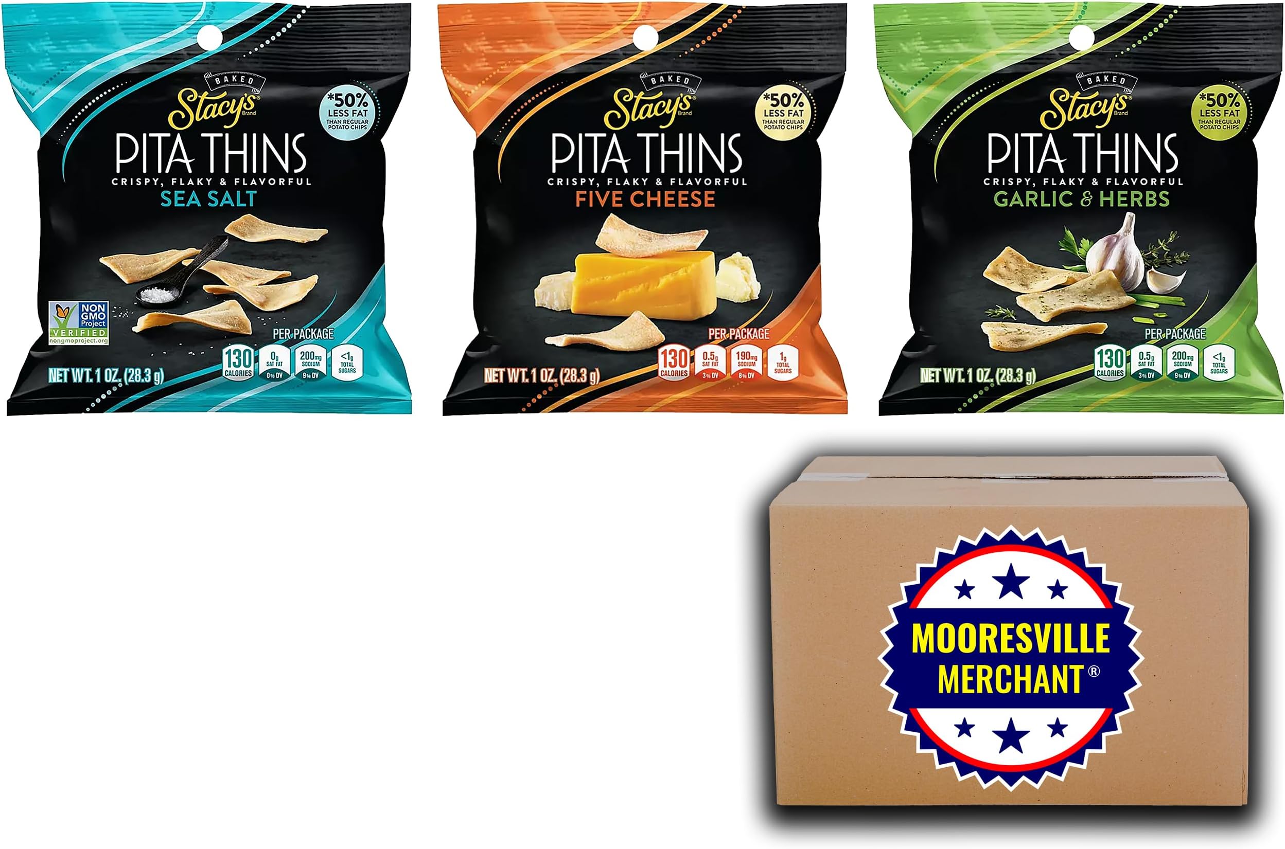 Stacy's Pita Thins Variety Pack, 1 oz, 30 Bags with Mooresville Merchant Decal