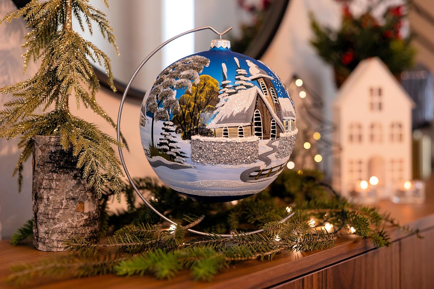 Blue Chapel Christmas Ornament with Stand Polish Blown Glass Ball Hand Painted Extra Large Bauble 8 inch/200mm Everlasting Faith Ornament