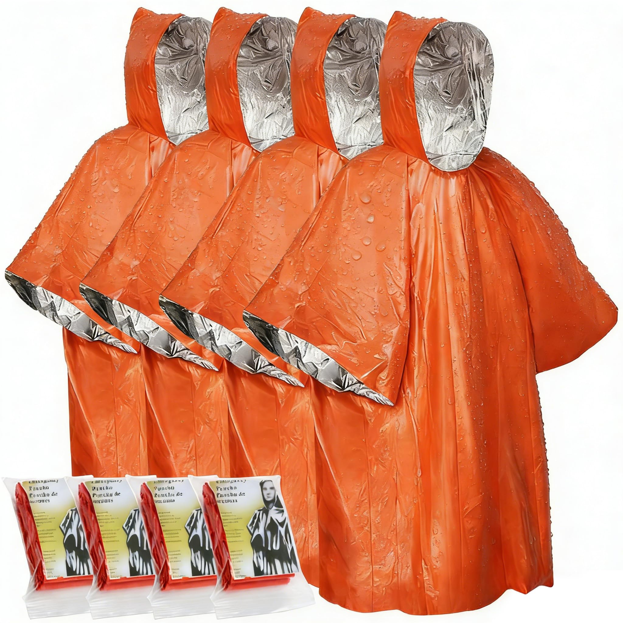 Wihozte Orange，Silver Emergency Survival Poncho 4Pcs Thermal Mylar Foil Coating Blanket, Foil Blanket Insulation Poncho For Outdoor Survival Family Car Events, 100×130Cm Mylar Foil, Windproof Waterproof Insulated