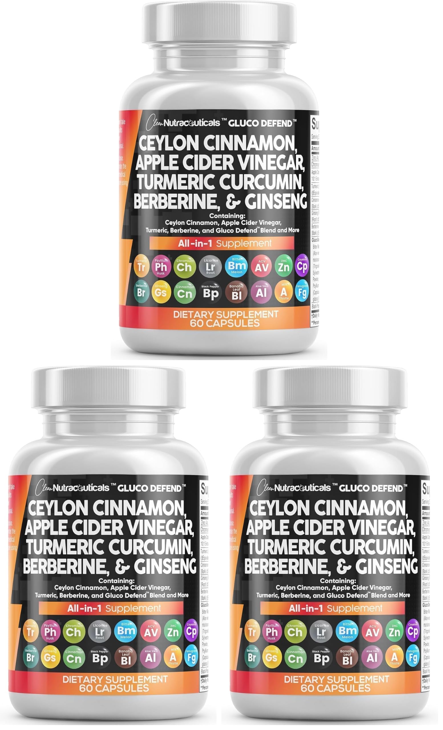 Clean Nutraceuticals Ceylon Cinnamon Capsules + Berberine Turmeric Apple Cider Vinegar Ginseng Bitter Melon Gymnema Milk Thistle Fenugreek Supplement Pills Powder for Men &amp; Women (Pack of 3)