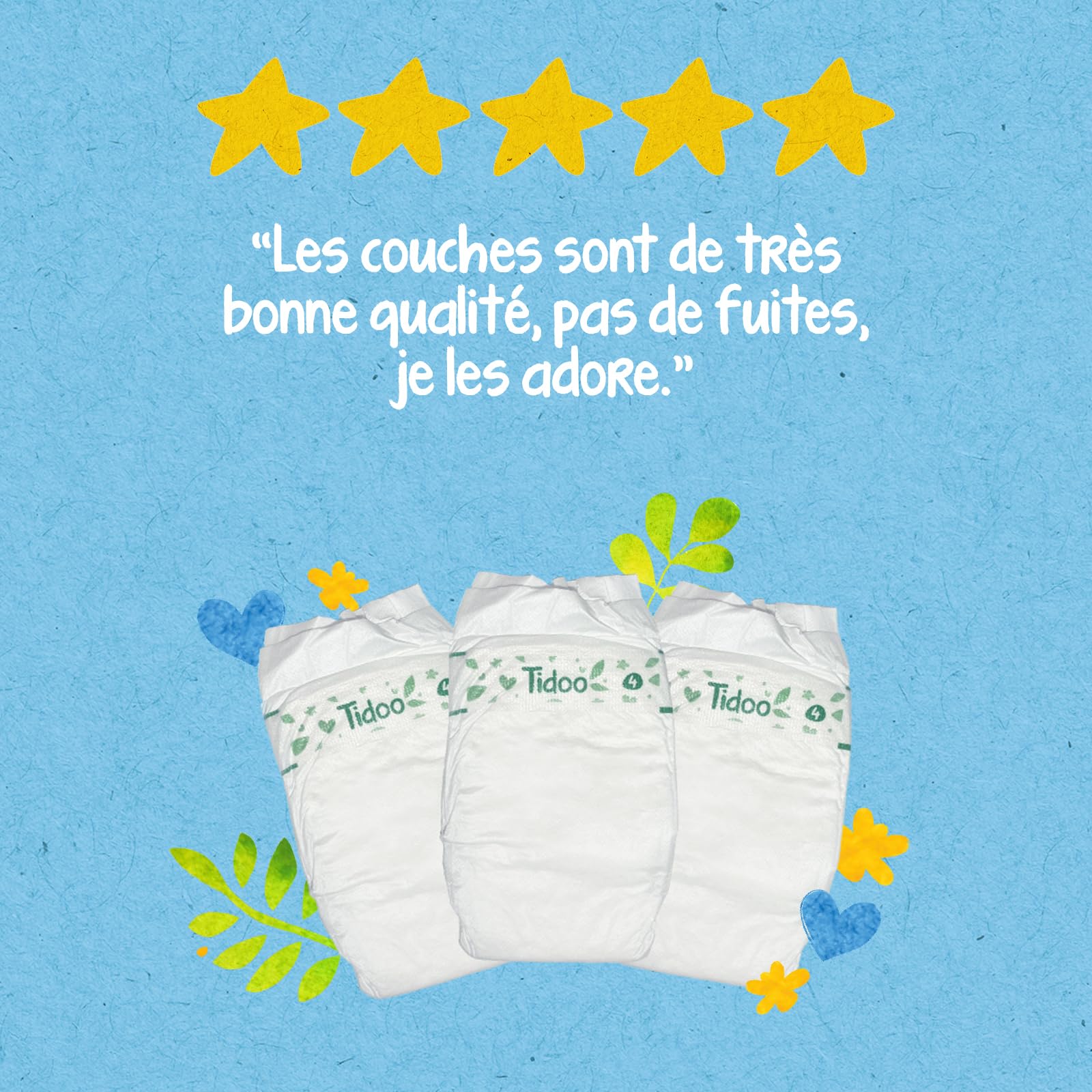 TIDOO - Couches écologique Taille 5 (12-25kg) - Origine Naturelle, sans substances nocives - 12h au sec, ultra absorbantes - Fabriquées en France - 120 Couches Jetables - Pack 1 Mois