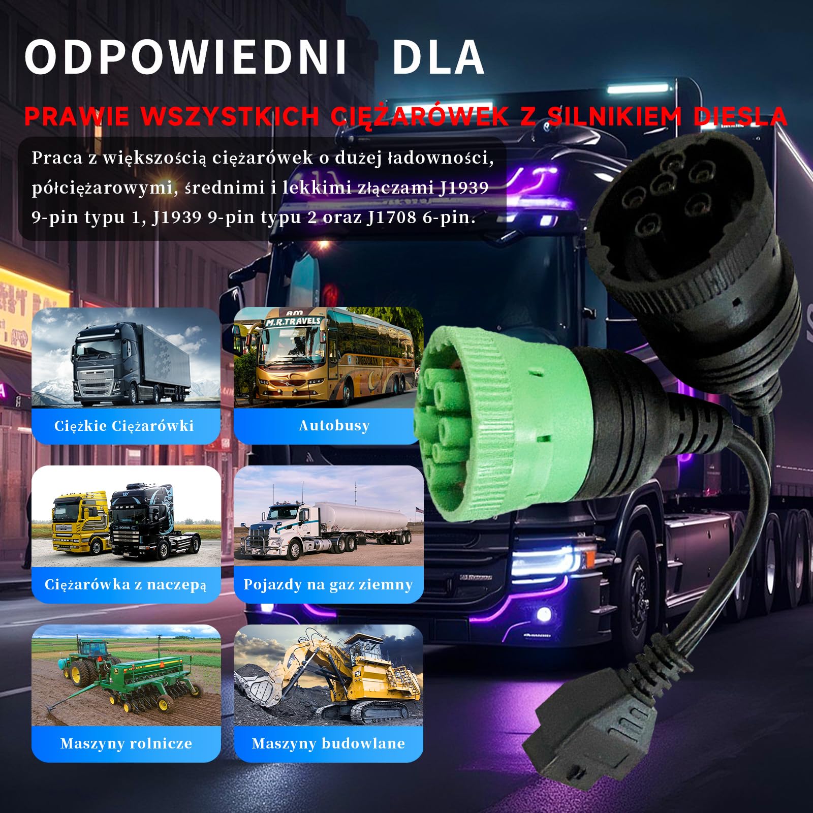 OBD do typu 2 Zielony 9-pinowy J1939 i 6-pinowy J1708 do OBD2 Split Y, pasujący do złącza diagnostycznego Freightliner do ciężarówek z silnikiem wysokoprężnym, adaptera OBD2 do pojazdów użytko