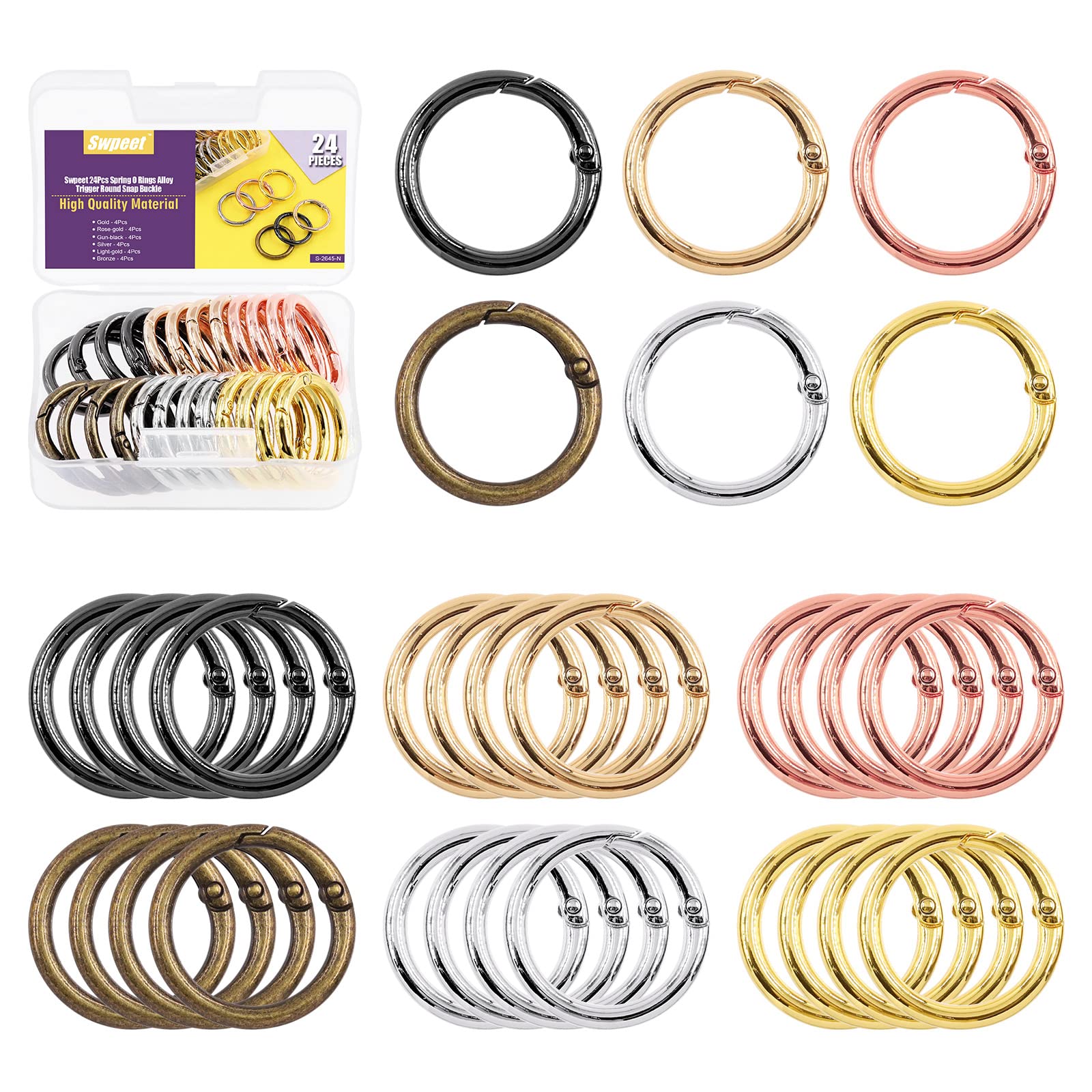 Swpeet 24Pcs 6 Colors 25mm - 1 Inch Round Spring O Rings Assortment Kit, Alloy Spring Keyring Trigger Round Snap Hooks O Rings Buckles for Handbag DIY Keychains Bag Purse