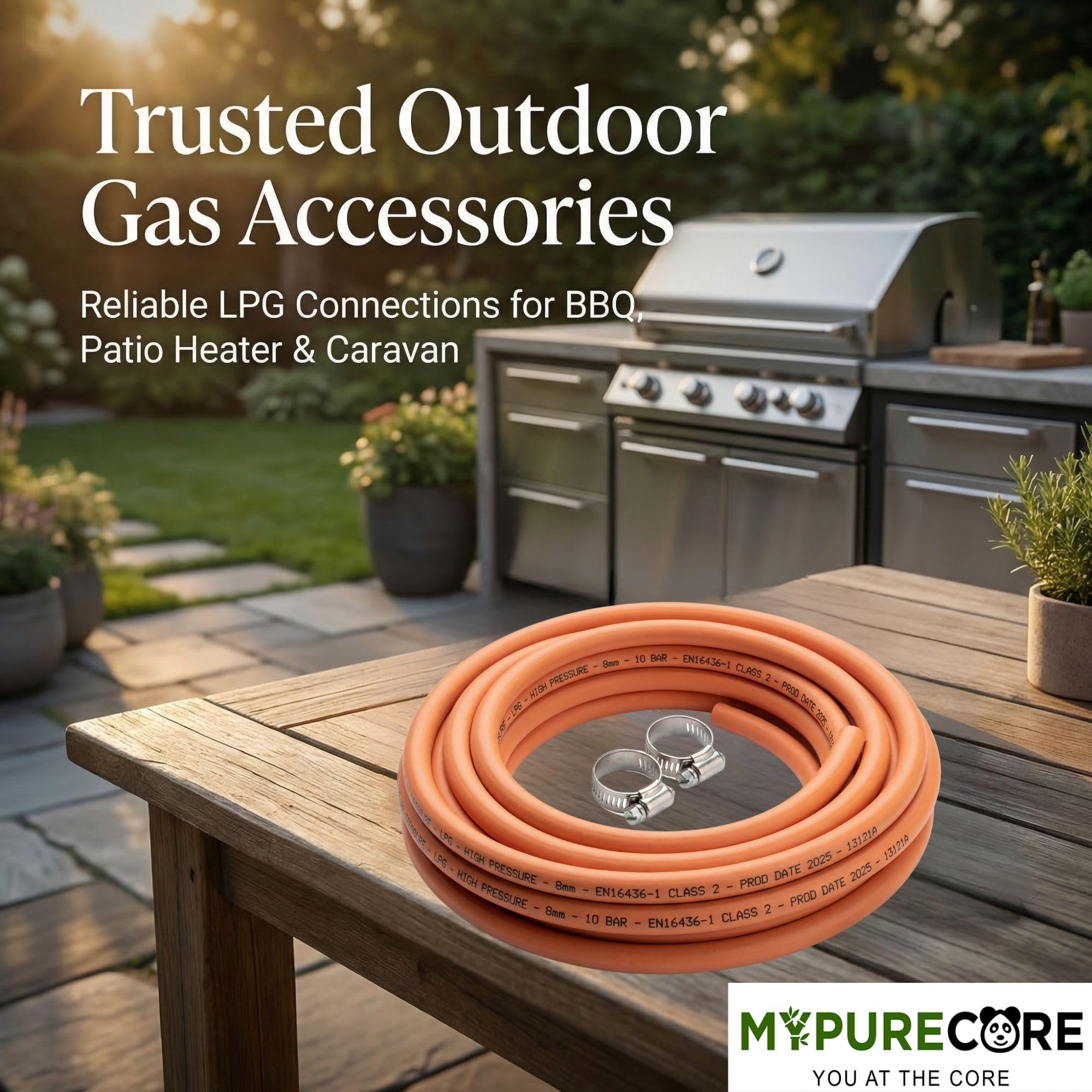 MYPURECORE 8mm LPG Gas Hose Pipe with 2 Clips – EN16436-1 High Pressure Propane & Butane Gas Hose for BBQ, Patio Heater, Caravan, Camping Cooker & Gas Bottle – Orange LPG Hose (4m (8mm)) — view 8