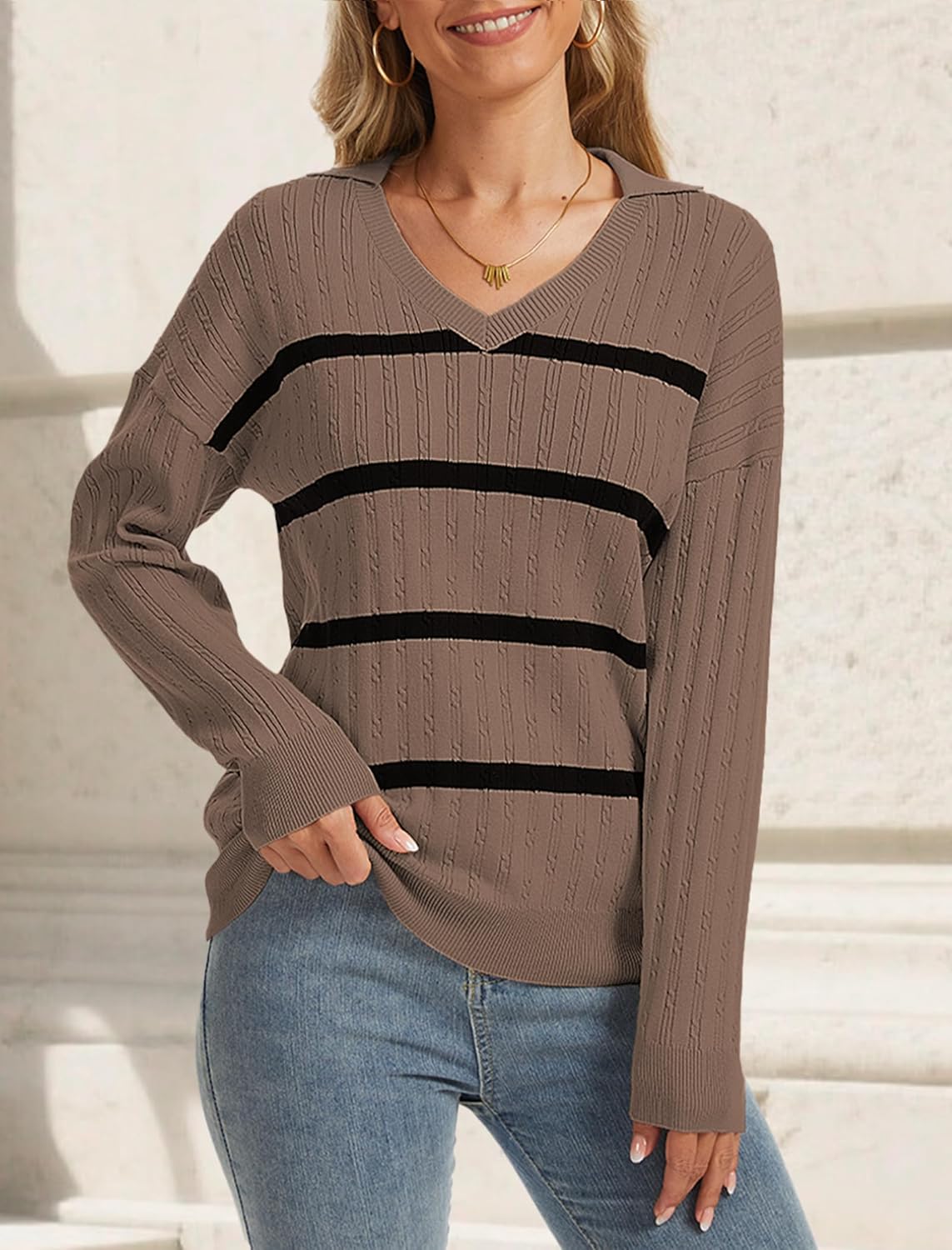 Women's V Neck Sweaters Casual Long Sleeve Knitted Pullover Tops Striped Light Weight Shirts Fall Fashion Outfits - Image 5