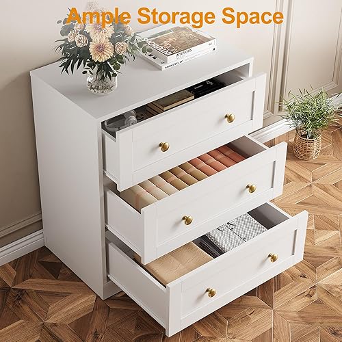 Miniatura 3 de RoyalCraft Cómoda Moderna de 3 Cajones, Mesita de Noche Blanca y Dorada para Dormitorio, Pequeña Cómoda de Cajones, Mesa Auxiliar con
