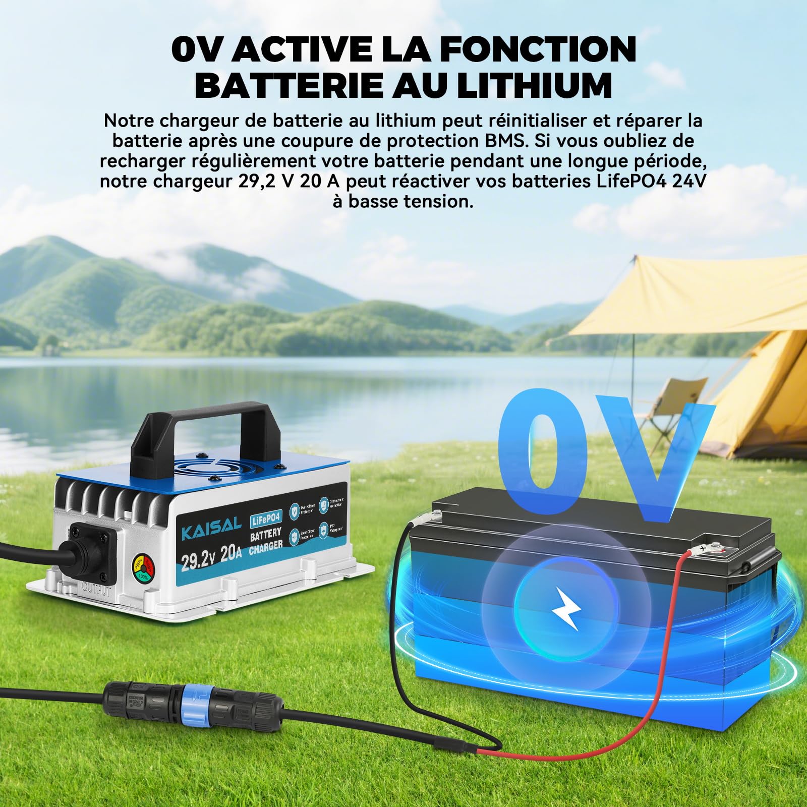 KAISAL 29.2V 20A Chargeur de Batterie LiFePO4, 24V 20A Chargeur de Batterie au Lithium, étanche IP67, Multiples Protections de Sécurité, pour Voiturette de Golf, RV, Bateau, Solaire