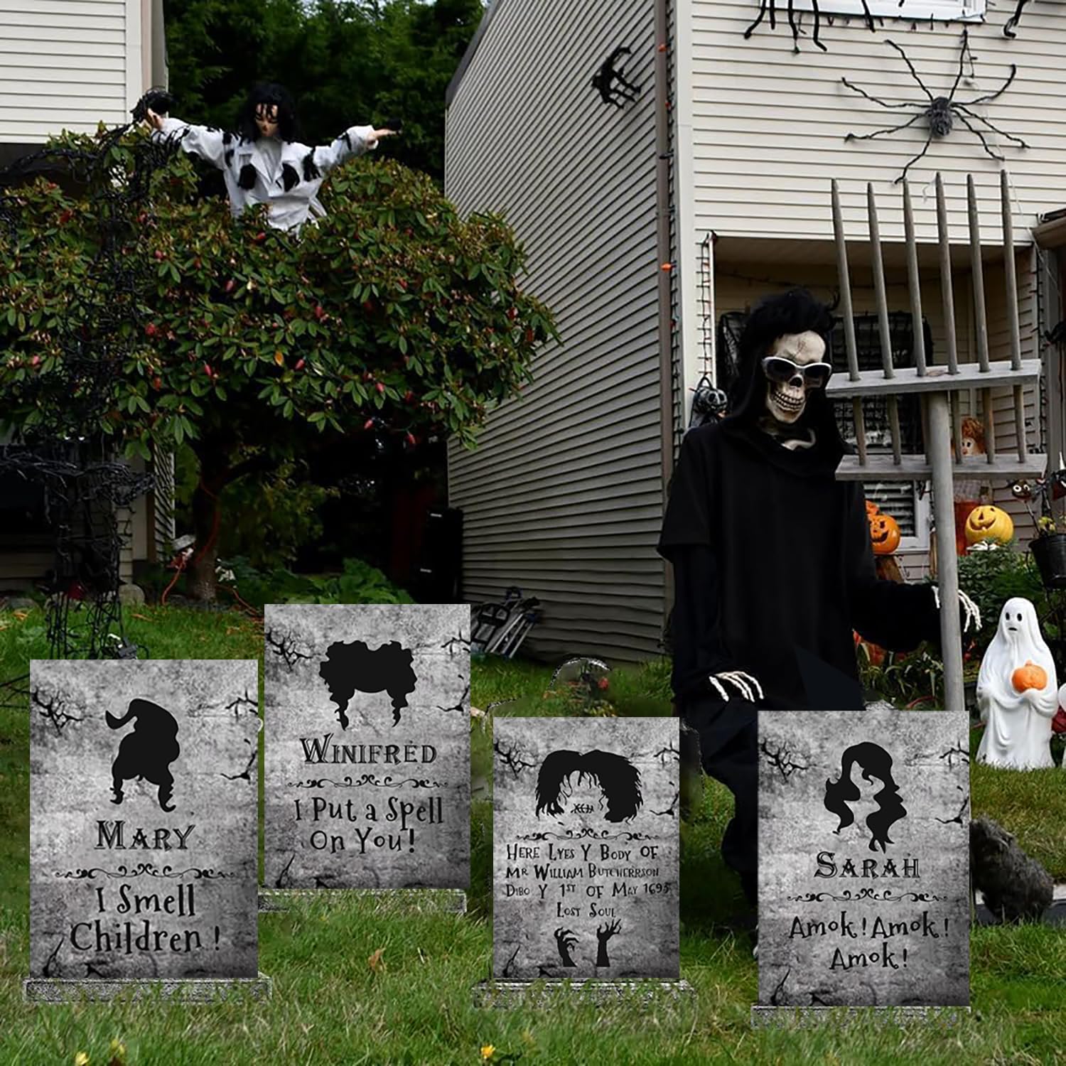 4 duże nagrobki czarownica Hocus Poc Halloween Decor, Znaki Dekoracja nagrobków ogrodowych z kołkami, 16 cali Wysoki, Straszny Nagrobek Cmentarny, Na Imprezy W Domu Dziecka