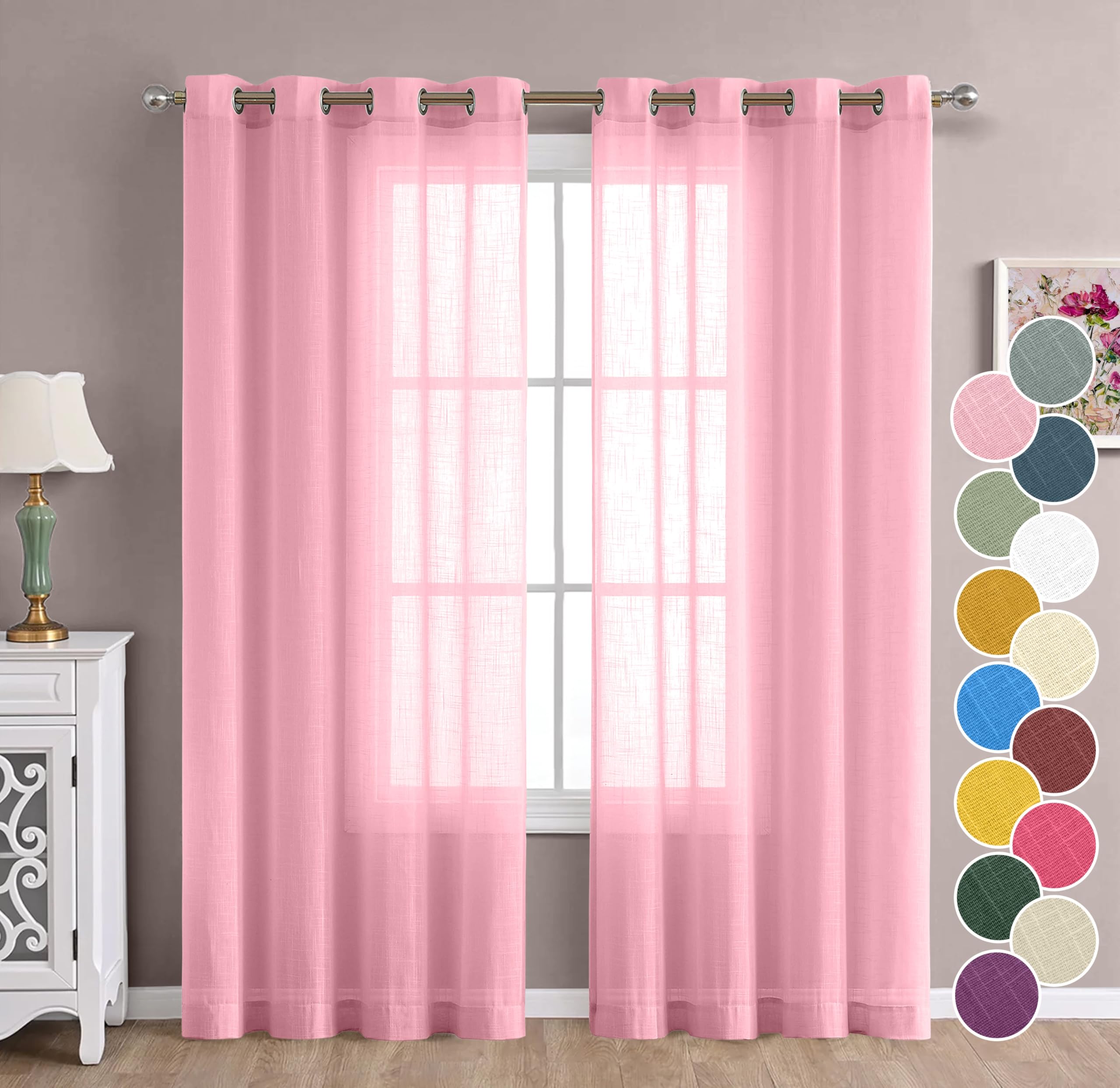 THE LINEN COMPANY Cotton Linen Sheer Curtain Set with Steel Eyelet Rings Long Door Curtain, Home Dcor Curtains - 4.5 x 10 Feet (Pack of 2, Baby Pink)