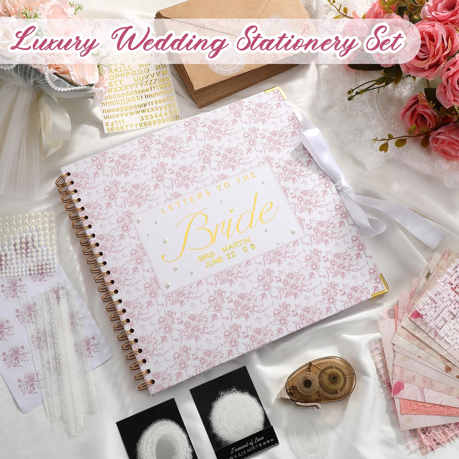 Humyoun Libro de invitados de boda con letras a la novia, álbum de recuerdos de boda, álbum de recortes, álbum de fotos, letrero de invitados con calcomanías de perlas (12 x 12 pulgadas, floral, rosa)
