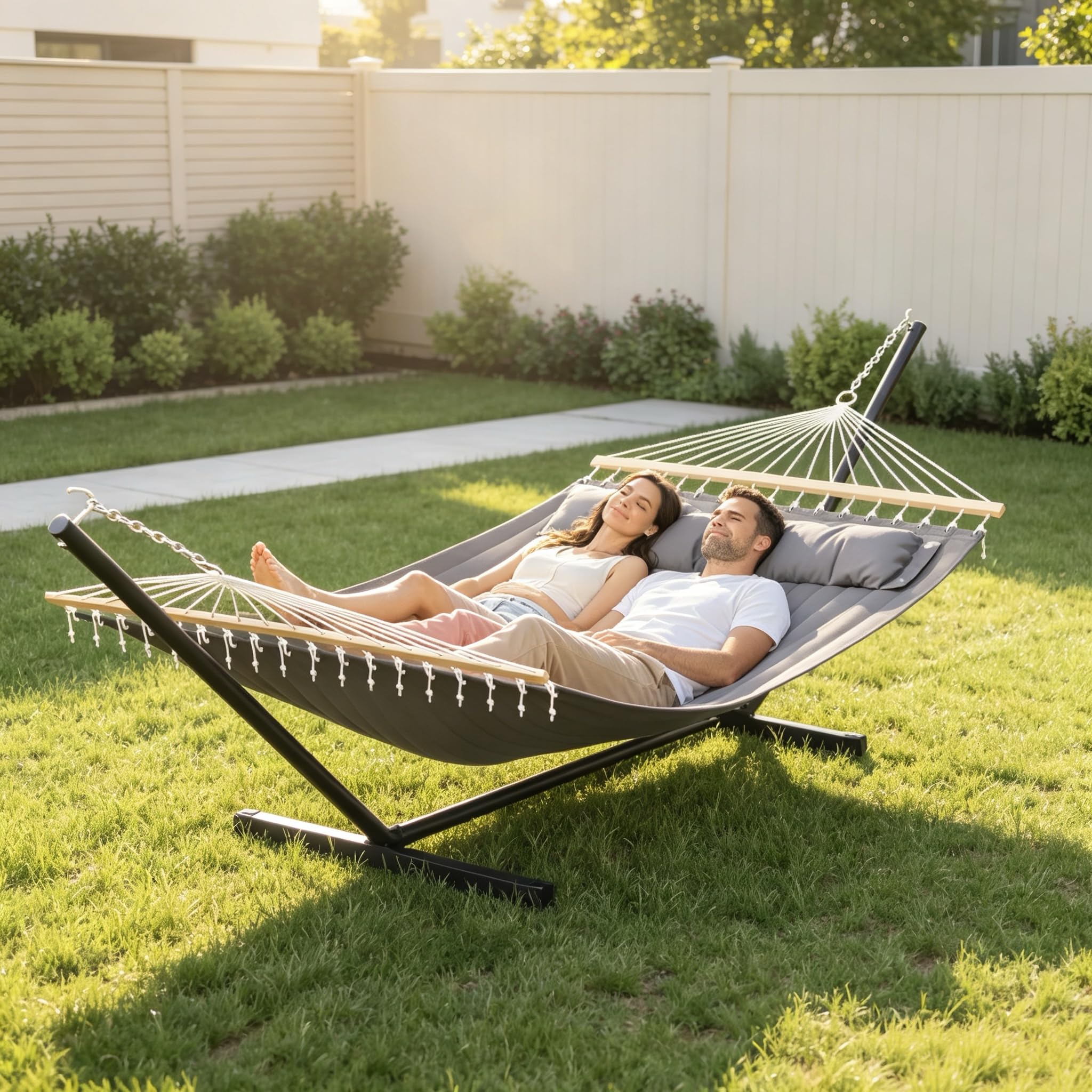 12FT Doppelhängematte mit Stahlgestell bis 200 kg belastbar, wetterfest & atmungsaktiv, mit Kissen und Seitentasche, für 2 Personen, Gartenhängematte für Terrasse, Balkon und Camping
