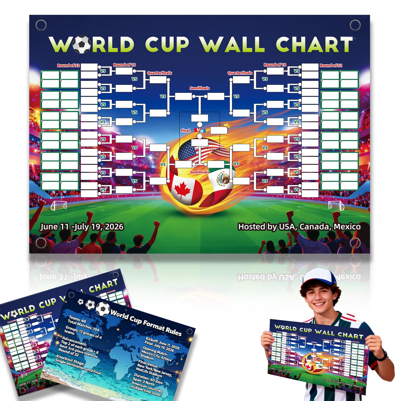 TOKLYUIE for World Cup Schedule Poster World Cup Merchandise Double Sided Printing No Crease Waterproof Erasable 2026 Football Tournament Schedule and Team Info Chart Poster Gifts for Soccer Fans