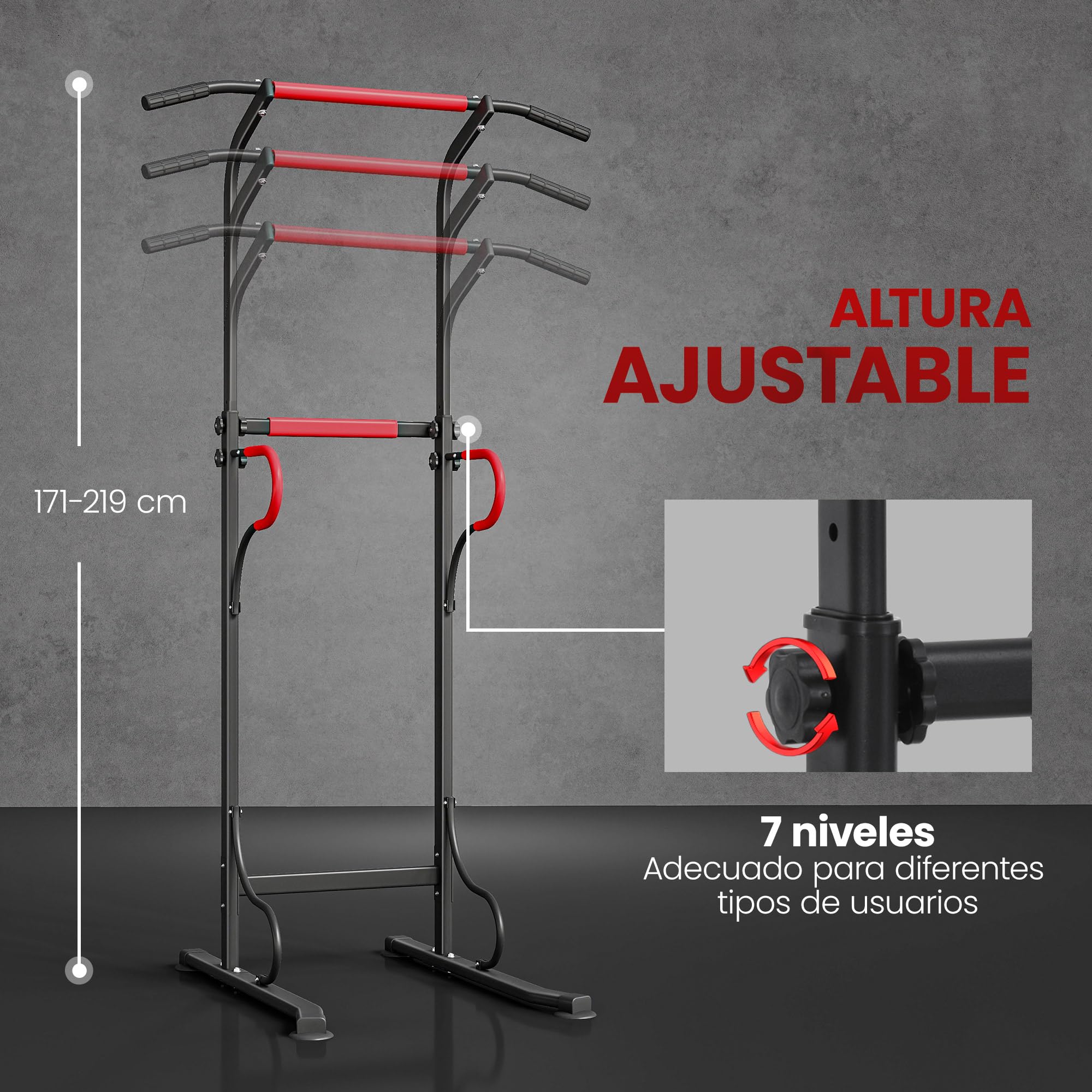 HOMCOM Barra de Dominadas Altura Regulable 219 cm, Estación de Fondos Resistente para Gimnasio en Casa, Máquina Dominadas Multifuncional, Carga 120 kg para Entrenamiento de Fuerza
