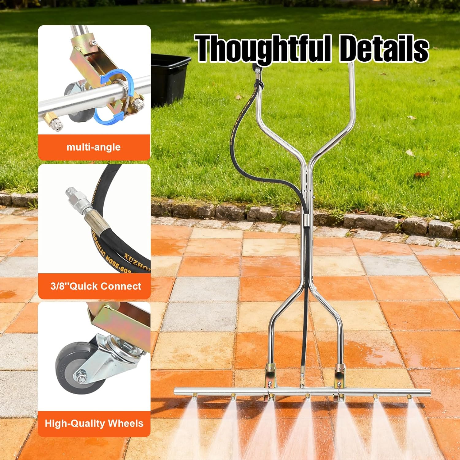 Water Broom 39 inch Surface Cleaner Water Broom 7 Nozzles for Hot and Cold Water Pressure Washer 5000 PSI with Handles & Wheels 3/8 Connector