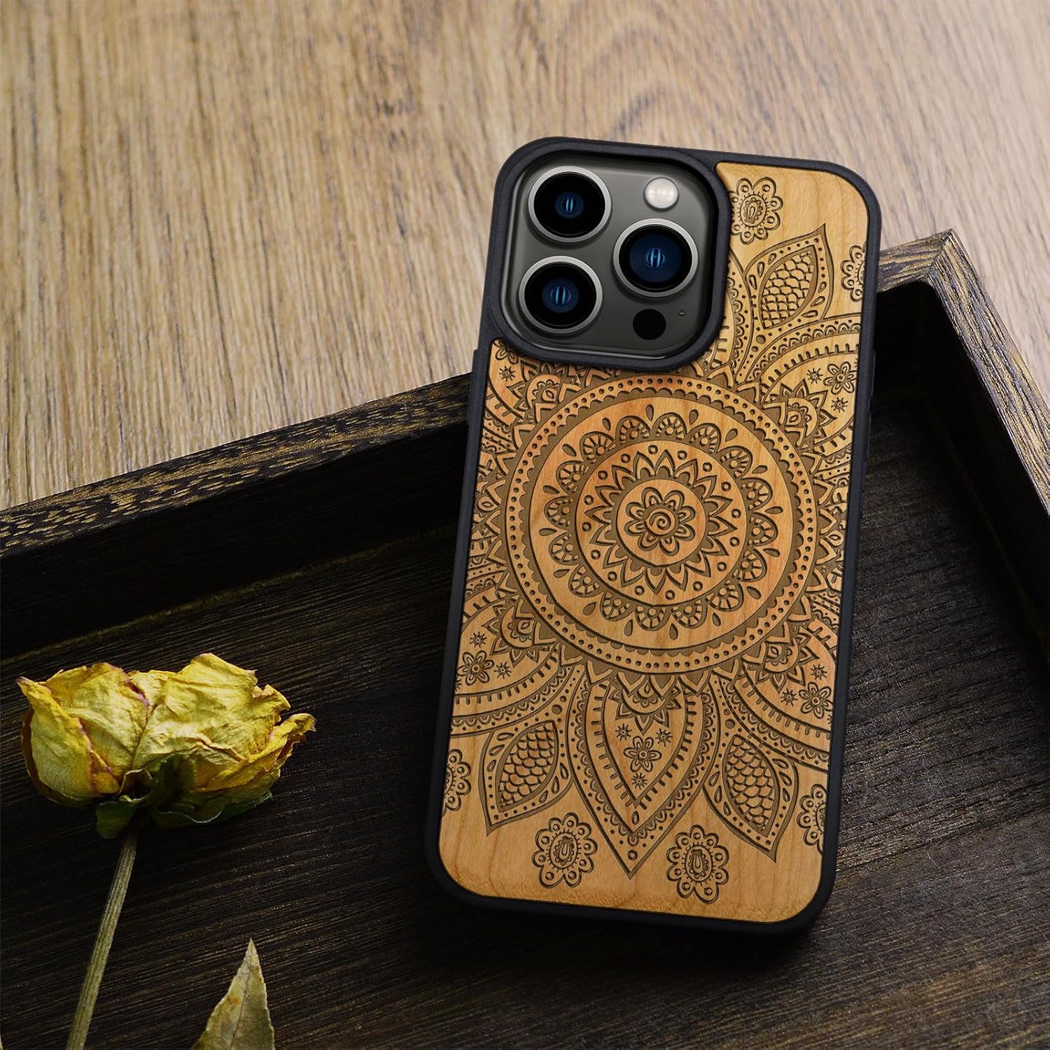Carveit Magnetic Wooden Case for iPhone 15 Pro Case, Compatible with MagSafe Wireless Chargers, Black Soft TPU Shockproof Cover & Wood Artisan Engraved (Indian Floral Mandala) - Cherry