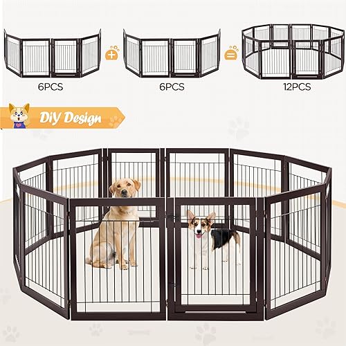 Miniatura 7 de Yaheetech Puerta extra ancha para mascotas de 148 pulgadas con puerta independiente, 6 paneles de madera para perros, para puertas, valla plegable