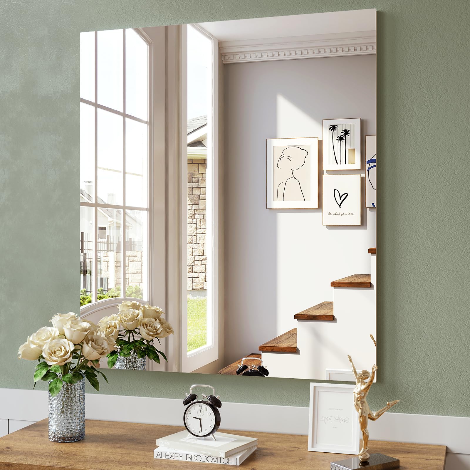 Brightify Frameless Mirror, 28x32 Inch Bathroom Mirrors for Over Sink, Large Tempered Glass Square Wall Mirror, Frameless Vanity Mirror for Gym, Yoga, Living Room, Bedroom, Entryway