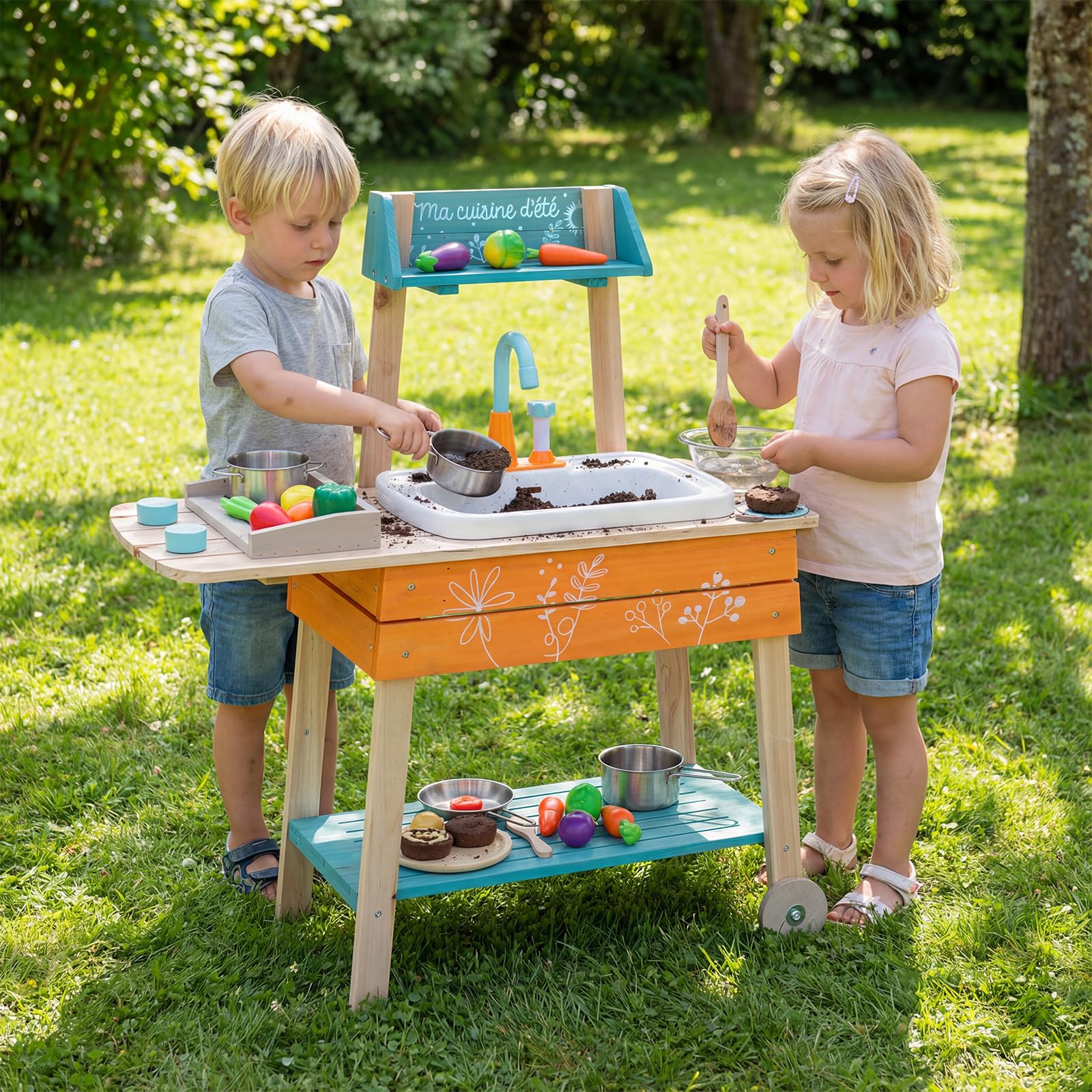 COSTWAY Matschküche Kinder Outdoor, Kinderküche Holz inkl. Spülbecken mit Wasserpumpfunktion, Gartenspielküche mit Grillrost, Outdoorküche für Kinder