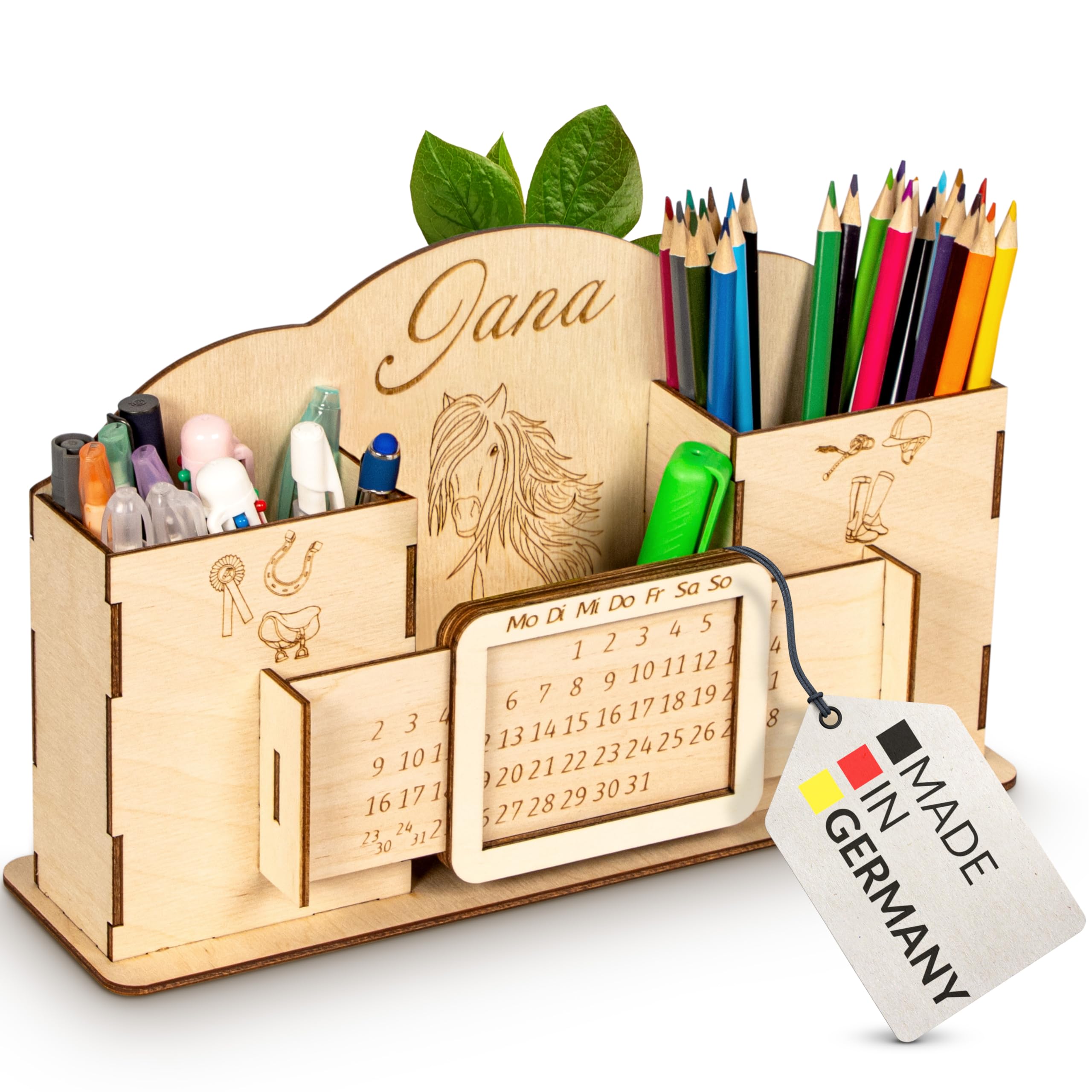 Birdart Box® Personalisierter Schreibtisch Organizer für Kinder – dekorativer Stiftehalter aus umweltfreundlichem Holz, handgefertigter Stiftköcher mit Namen individuell gestaltbar (Mit Kalender) Bürobedarf & Schreibwaren