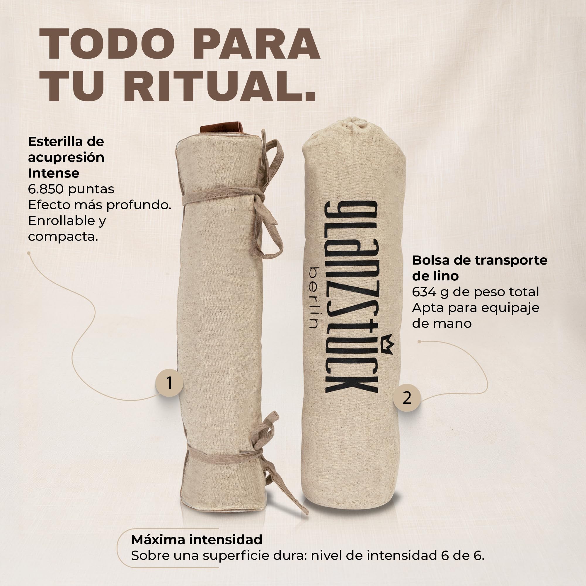Glanzstück Berlin® Health Collection: Set de esterilla de acupresión XL TO GO Intense de lino, ayuda para aliviar la tensión, dolor de espalda, esterilla de masaje con bolsa, sostenible