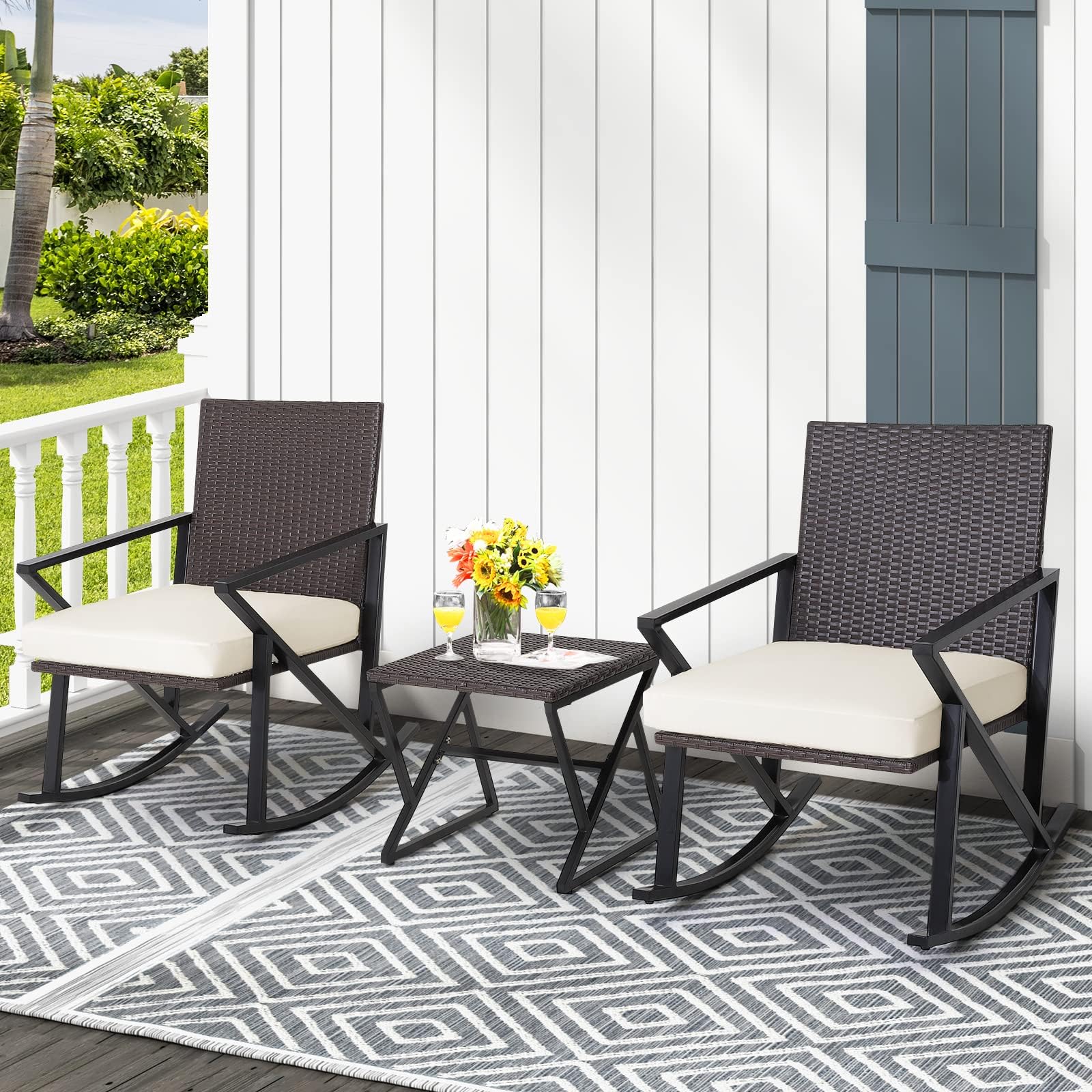 GIANTEX Rattan Rocking Chair Set, 3-Piece Garden Furniture Set with 1 Coffee Table and 2 Rocking Chairs, Balcony Furniture Set for Balcony 2 People, Includes Cushions, Patio Furniture, Garden