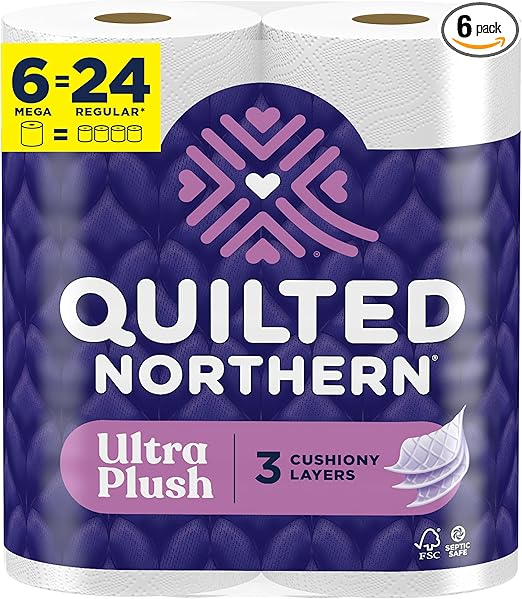 Quilted Northern Ultra Plush Toilet Paper, 6 Mega Rolls = 24 Regular Rolls, 3X Thicker*, 3 Ply Soft Toilet Tissue
