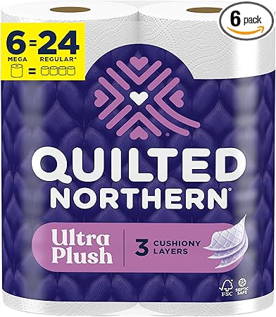 Quilted Northern Ultra Plush Toilet Paper, 6 Mega Rolls = 24 Regular Rolls, 3X Thicker*, 3 Ply Soft Toilet Tissue