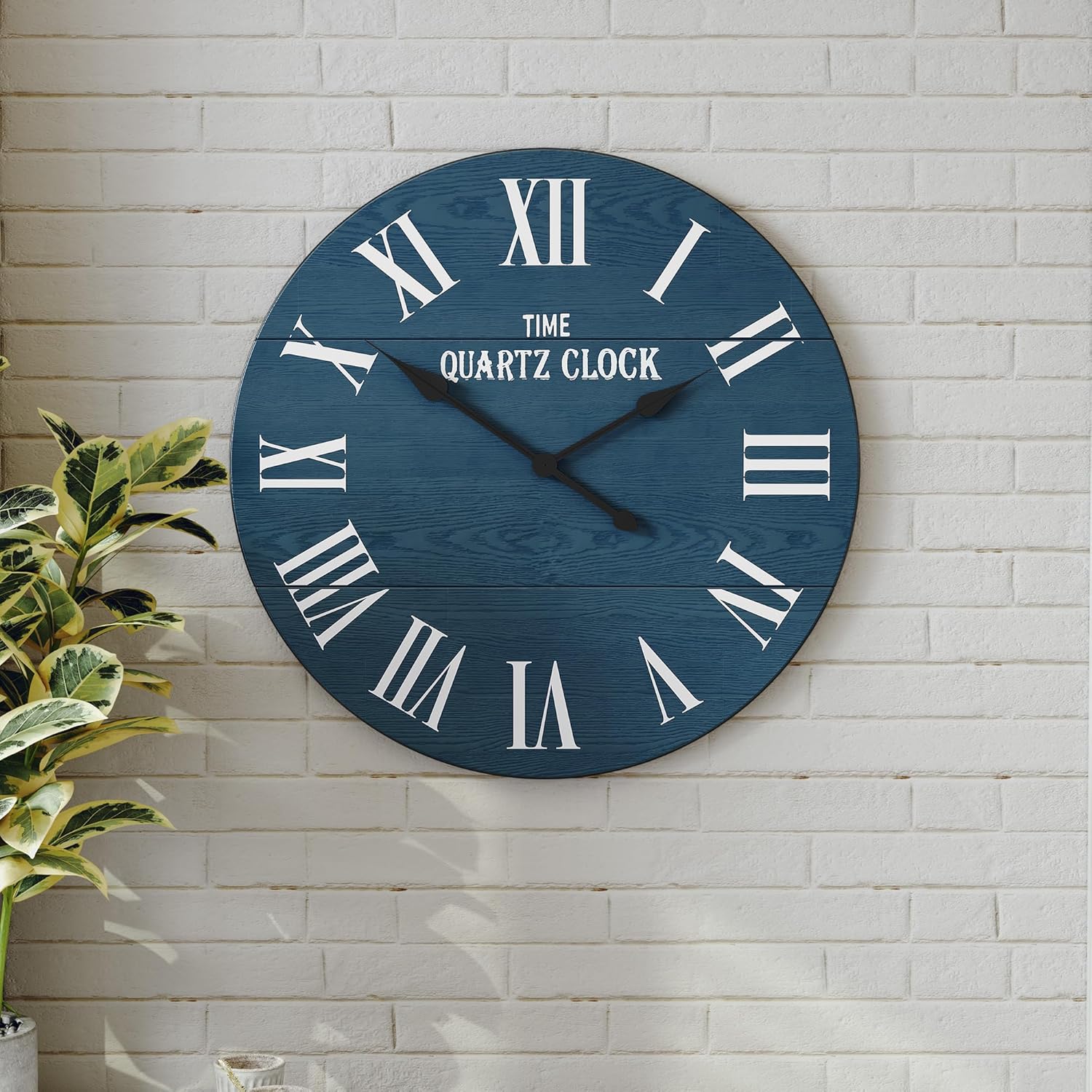 ARTPOWER Large Farmhouse Wall Clock, 24” Shiplap Wall Clock with Roman Numeral, Nearly Non-Ticking, Round Wall Clocks for Living Room Decor, Office, Bedroom, Entrance, Blue