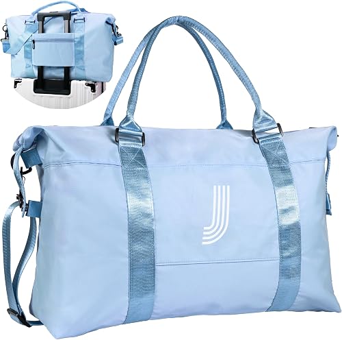 Gifts for Daughter, Initial Travel Duffel Bag, Sports Bag, Personalized Weekender Bag with Shoulder Strap, Monogram Overnight Bag, Gift for Friend Sister Women gifts, Light Blue, J, J