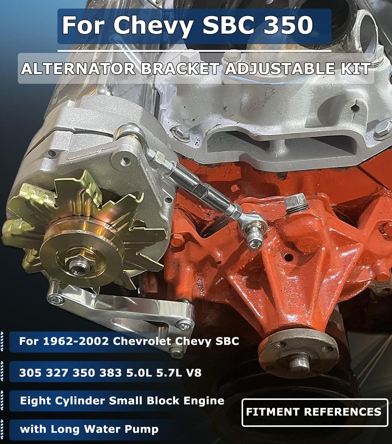 Billet Alternator Bracket Adjustable Kit for Chevy SBC 305 327 350 383 5.0L 5.7L V8 Eight Cylinder Long Water Pump Polished Aluminum for Chevy Small Block Engine