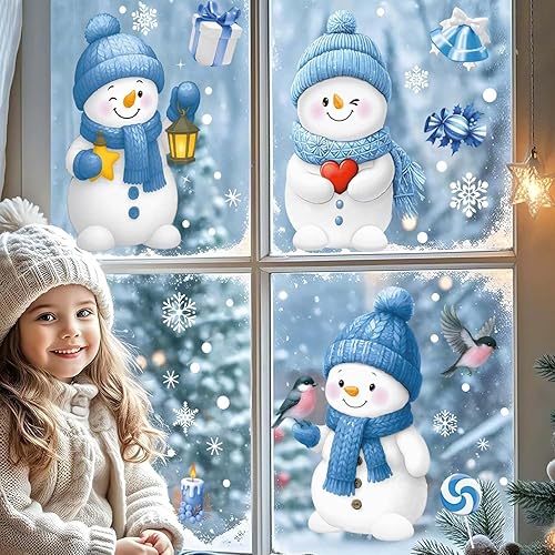Miniatura 6 de 4 calcomanías de Navidad con diseño de muñecos de nieve para ventana, sin agua y estática, 4 estilos, diseño de muñecos de nieve de punto, color